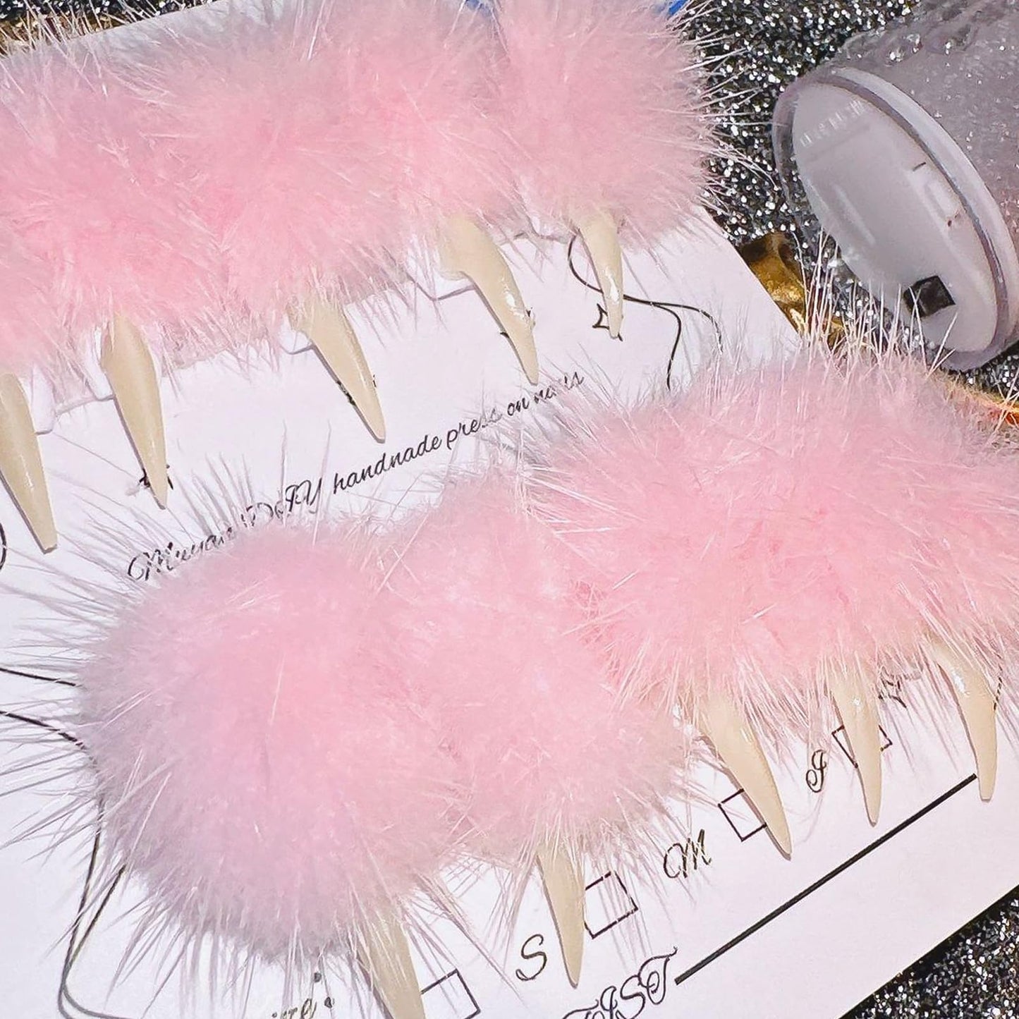 Halloween Press on Nails Luxury Medium Stiletto Handmade Eagle Claw Unique Reusable ABS Material Curved Fake Nails Dragon Cat Claw False Nails with Pink Fur Glossy Glue on Nail Thick Acrylic Nail(M)
