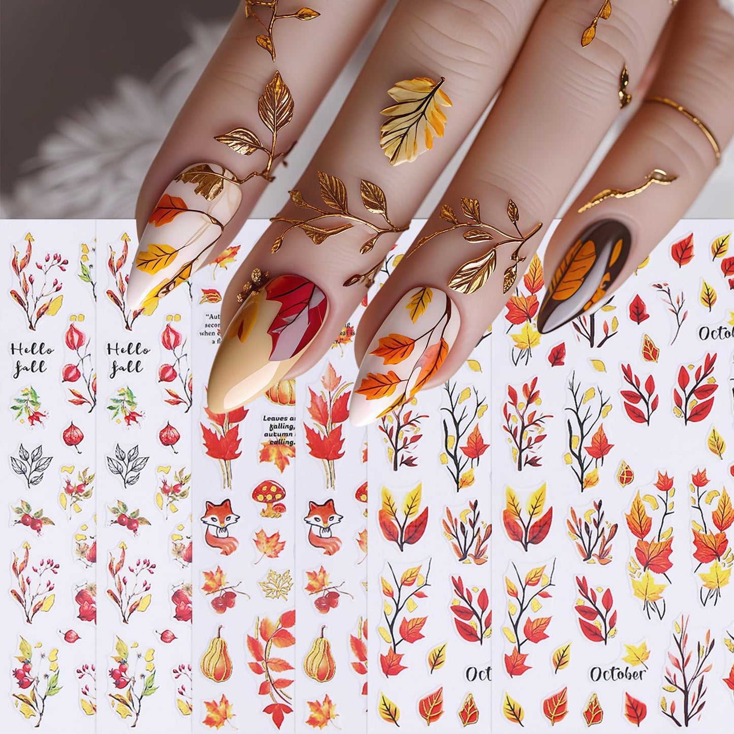 6 Sheets Fall Maple Leaf Nail Art Stickers Deals 3D Self-Adhesive Autumn Thanksgiving Pumpkin Fox Fallen Leaves Nails Designs Flower Mushroom Autumn Leaves Nail Supplies for Women Nail Decoration