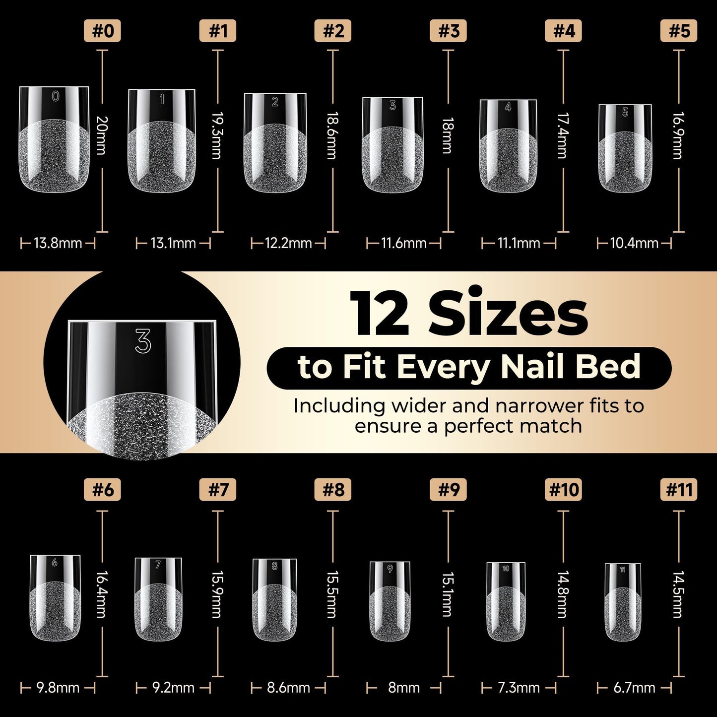 Luckyfairy Short Sharp Square Nail Tips 504pcs 12 Sizes No C Curve Soft Gel Nail Tips Pre-Etched Half Matte Full Cover Clear Fake Nails for Flat Nail Beds DIY Home Salon Acrylic Extension