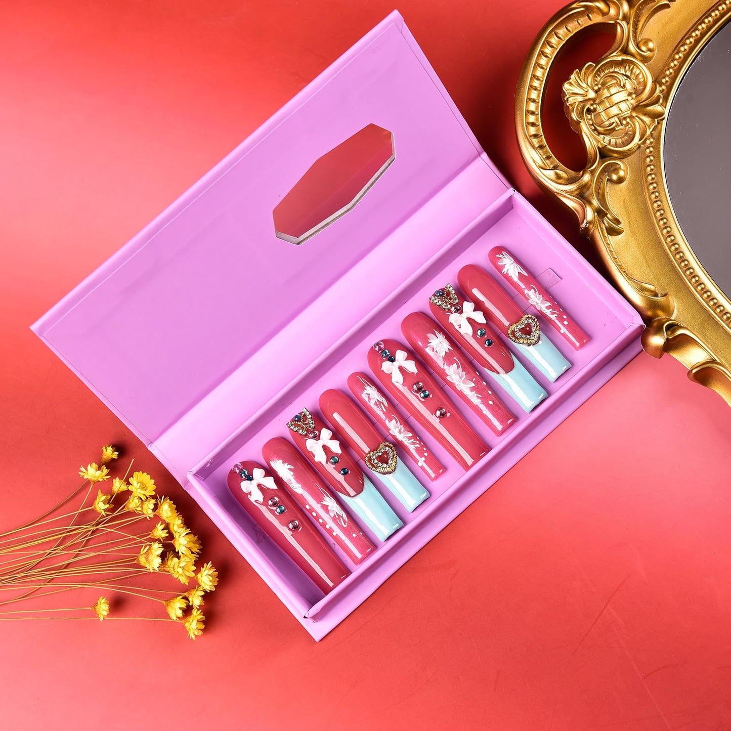 Tmani 10pc/set Extra Long Handmade Press On Nail Hot Girl's Long Ballet Nails Square Nail Full of Diamond Glitter Decoration Fake Nails Suitable For Girls Festival Parties and Birthday Gift (185,L)