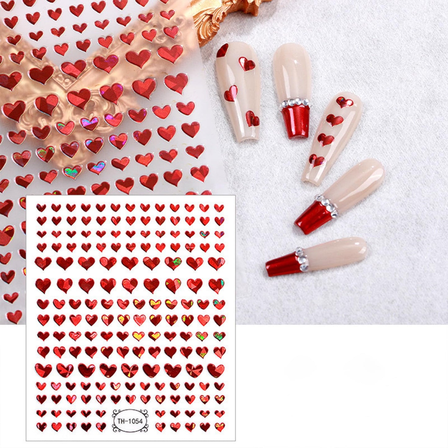 Heart Nail Stickers Valentines Day Nail Art Decal 3D Self-Adhesive Red White Black Sliver Metal Laser Heart Design Nail Stickers for Nail Supplies for Acrylic DIY Manicure Decorations 9 Sheets