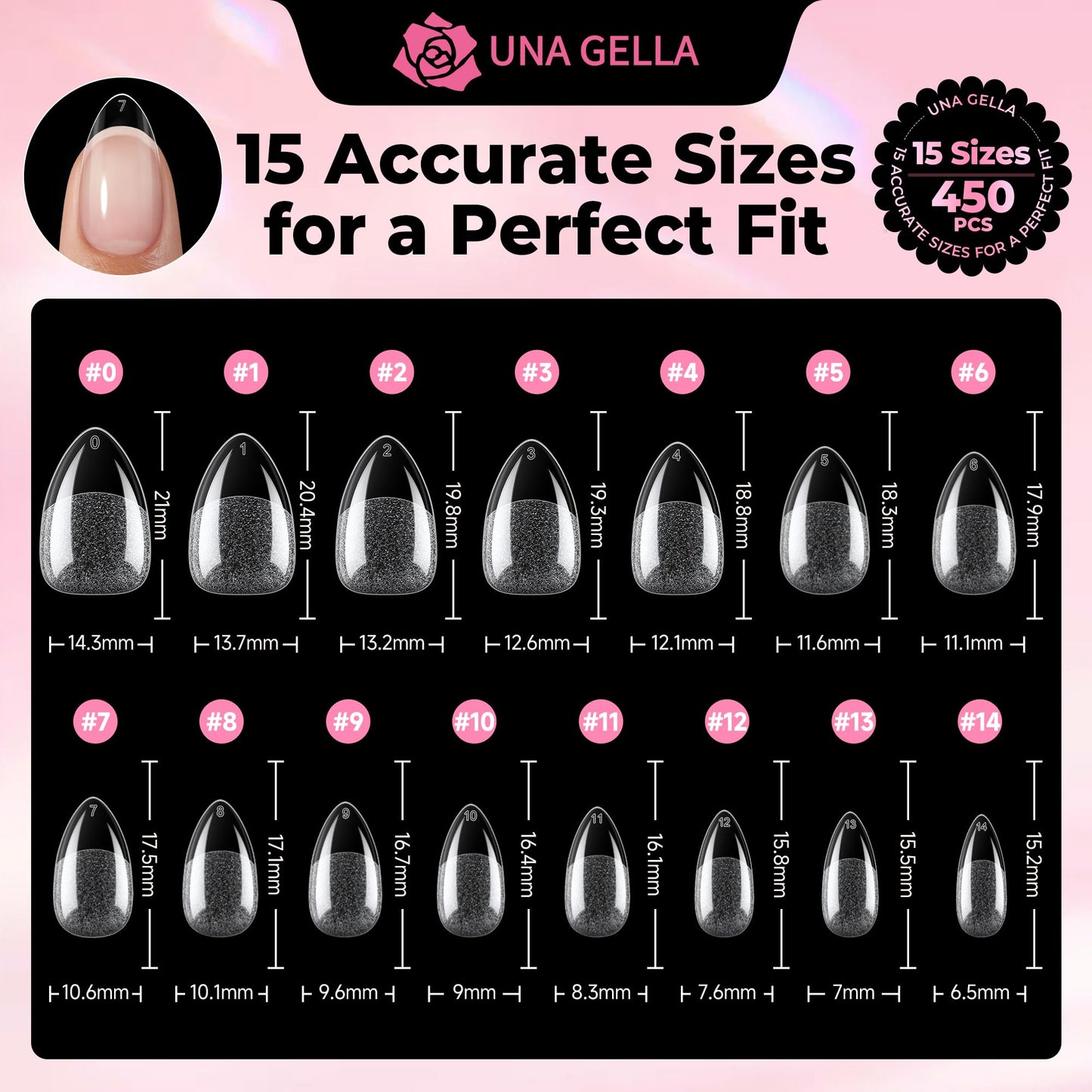 UNA GELLA Short Almond Nail Tips: 450PCS Short Fake Acrylic Nail Tips 15 Sizes Soft Pre-shape Press On Nails Almond For Full Cover Nails Extension Home DIY Salon