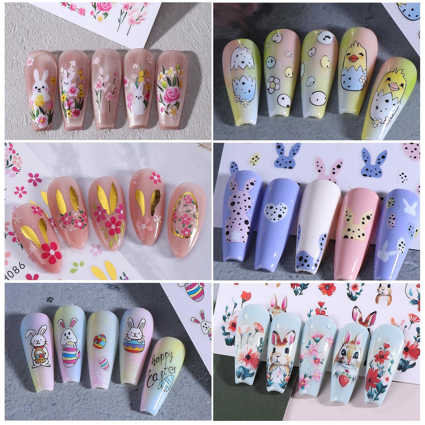 Easter Bunny Nail Art Stickers Decals 12 Sheets 3D Self-Adhesive Cute Rabbit Nail Art Stickers Easter Egg Chick Ears Designs Colorful Flower Daisy Spring Sliders Holiday Manicure Decoration
