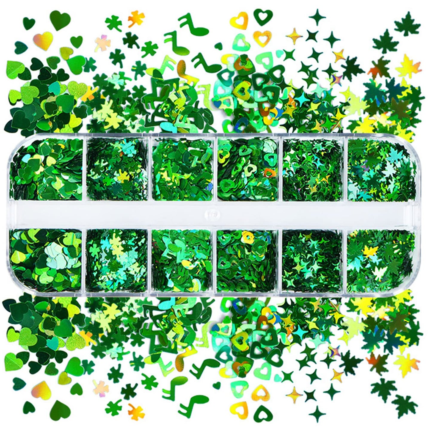 Laser Green Glitter Nail Art Sequins, Holographic 3D Sparkly Flakes Decoration, Love Heart Stars Shamrocks Music Leaf Nail Art Design Supplies for Women Girls Manicure Charms Decorations DIY Crafts