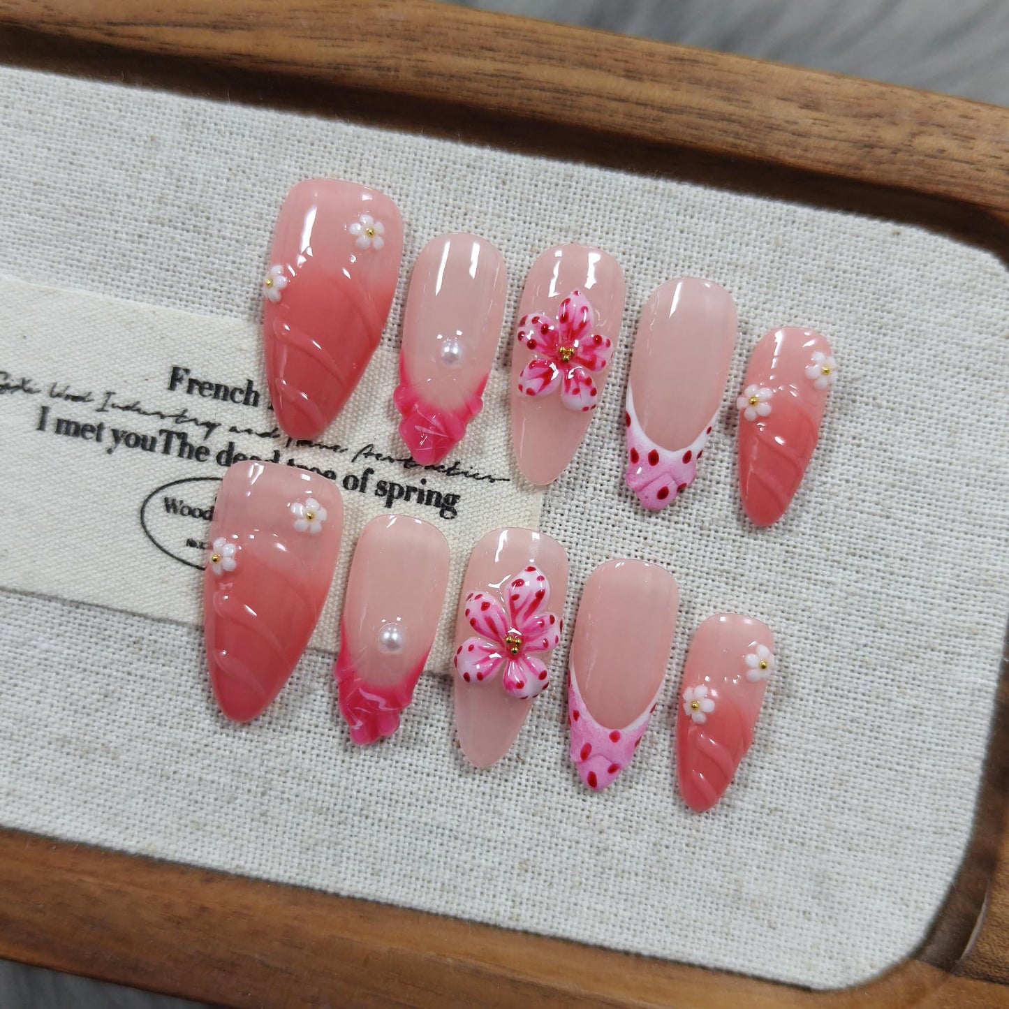 TENPAL Almond Press on Nails - Pink French Ombre & 3D Texture with Polka Dot & Wave Carving, Reusable & Handmade False Nails for Spring Summer | Sweet Watercolor Style(XS)