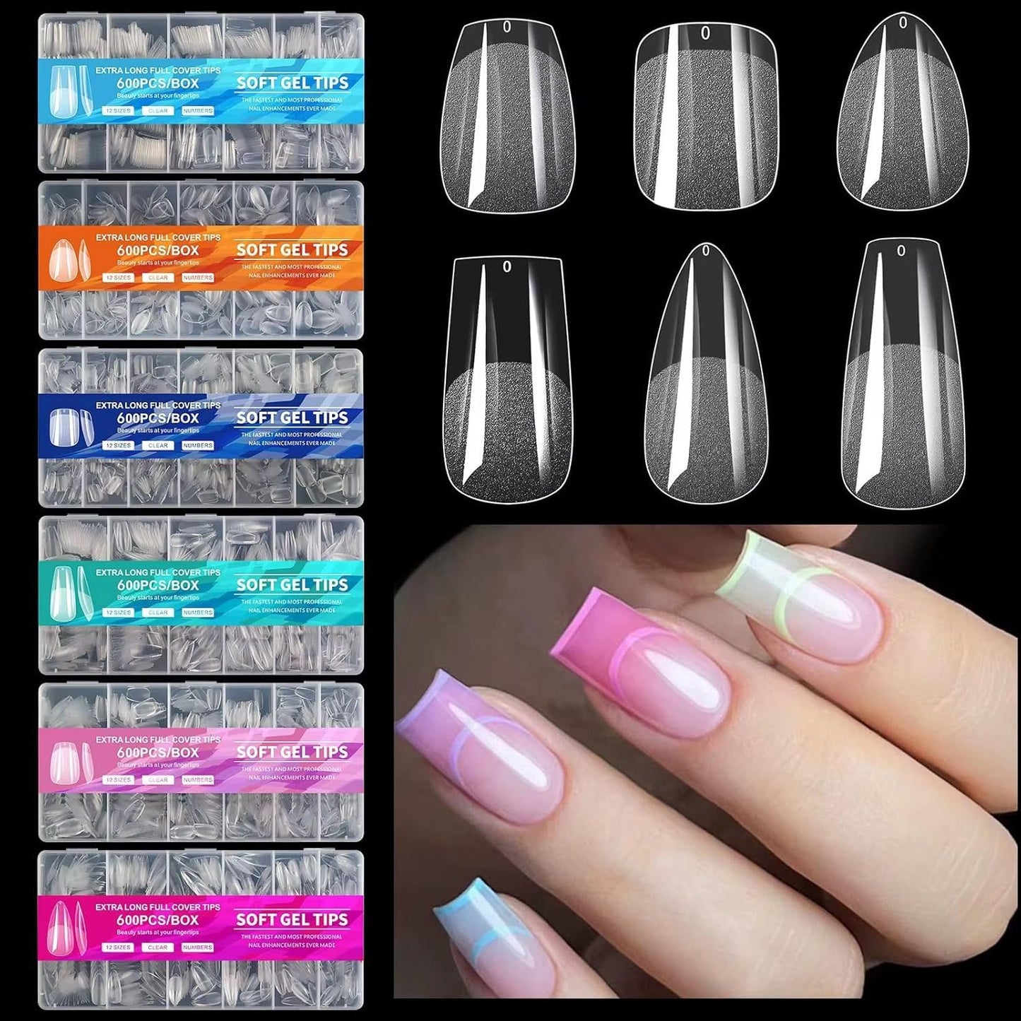 600PCS Extra Long Full Cover Soft Gel Nail Tips – 12 Sizes Clear Fake Nails with Numbers – Professional Refill Box for Nail Extension, DIY Nail Art, Salon and Home Manicure (Coffin, Clear)