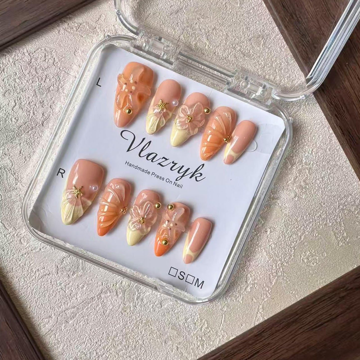Handmade Press On Nails, Medium Almond Fake Nails with 3D Flowers & Metal Charms, Reusable Full Cover Acrylic Nails,Luxury Orange-Yellow Gradient French Tips for Women.(10PCS，M)