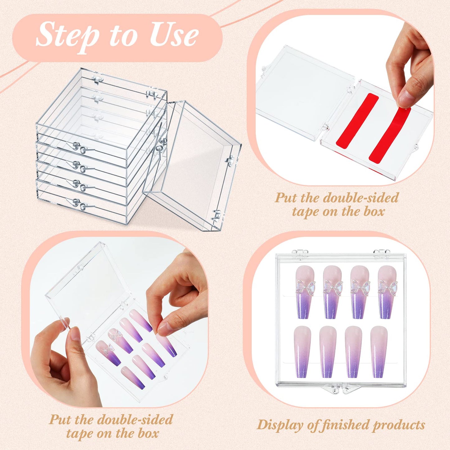 Landhoow 30 Pcs Press on Nail Storage Box with Adhesive Double Sided Tape Acrylic Artificial False Nail Packaging Display Case Organizer for Home Business Salon Supplies (Clear)