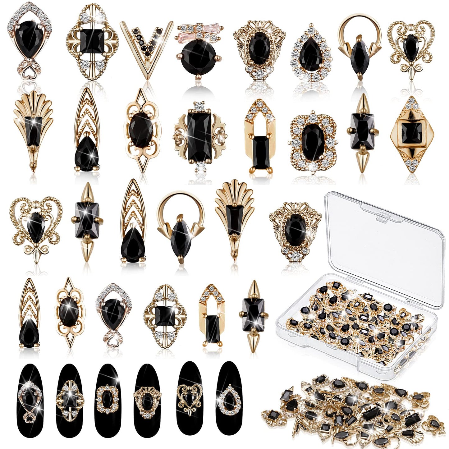 Leelosp 24 Pieces 3D Nail Charms Gold Luxury Black Rhinestones Nail Charms for Acrylic Nails Black Zircon Jewels Crystals Rhinestones with Storage Box for DIY Craft Art