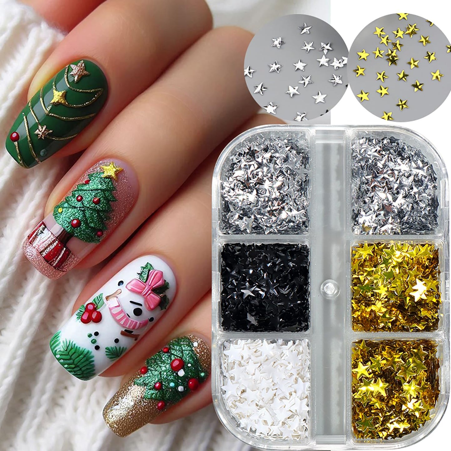 Christmas Nail Art Sequins 3D Stereo Stars Glitter Sequins Black White Gold Silver Star Nail Art Glitter Flakes Charistmas Day Nail Decorations Supplies Winter DIY Manicure Accessories for Women