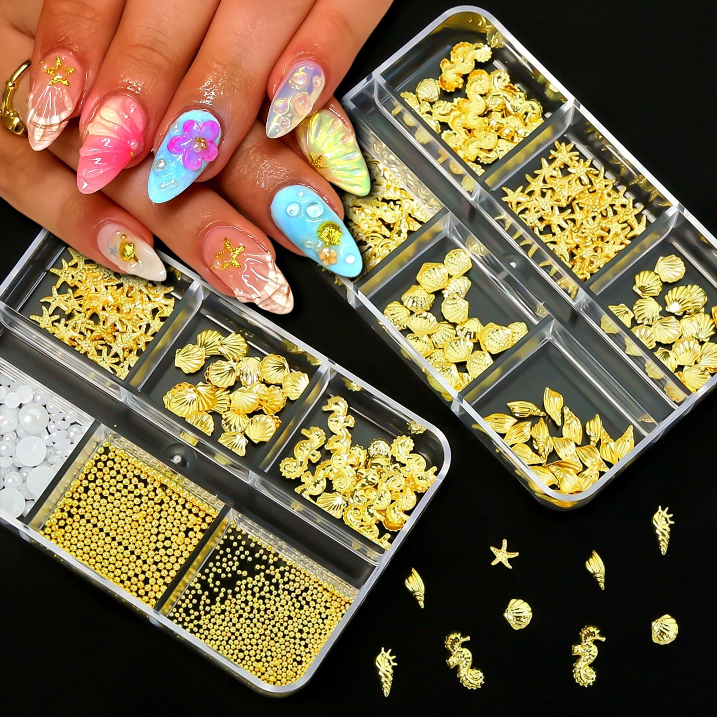 SHUXILIN 2Boxes Summer Steel Studs Metal Pearls Nail Gems Charms Metal Small Seashell Starfish Alloy Seahorse Nail Rhinestones Charms for Acrylic Nail Art Marine Theme Nail Supplies for Women Manicure
