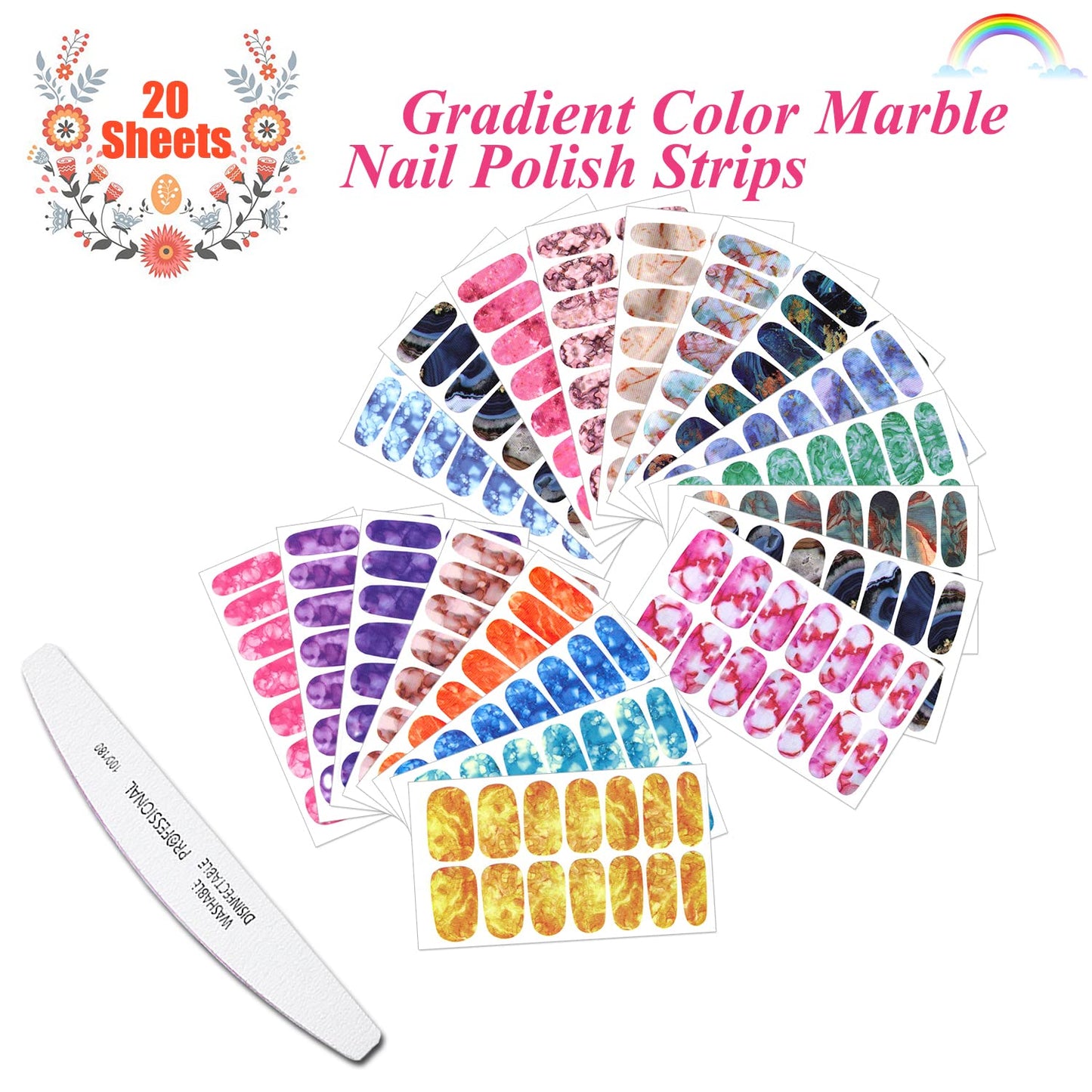 JERCLITY 20 Sheets Candy Color Marbling Nail Polish Strips Stickers with Nail File Self-Adhesive Marbling Nail Stickers Full Nail Wraps for Women Nail Strips Manicure Kit for DIY Nail Art