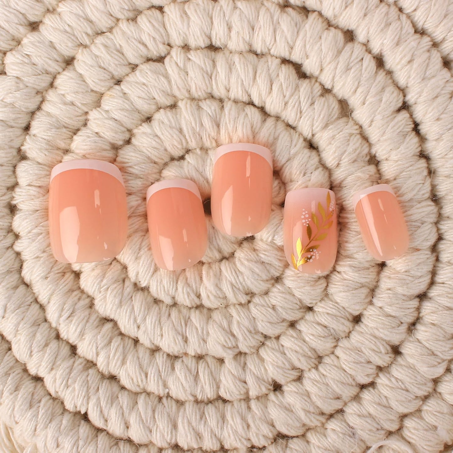 Stbisen French Press On Nails Short Square, Soft Pink Base Fake nials with White French Tip and Gold Leaf Accent Design, Glossy Reusable Elegant Glue On Nails for Women, Perfect for Daily Wear, 30Pcs
