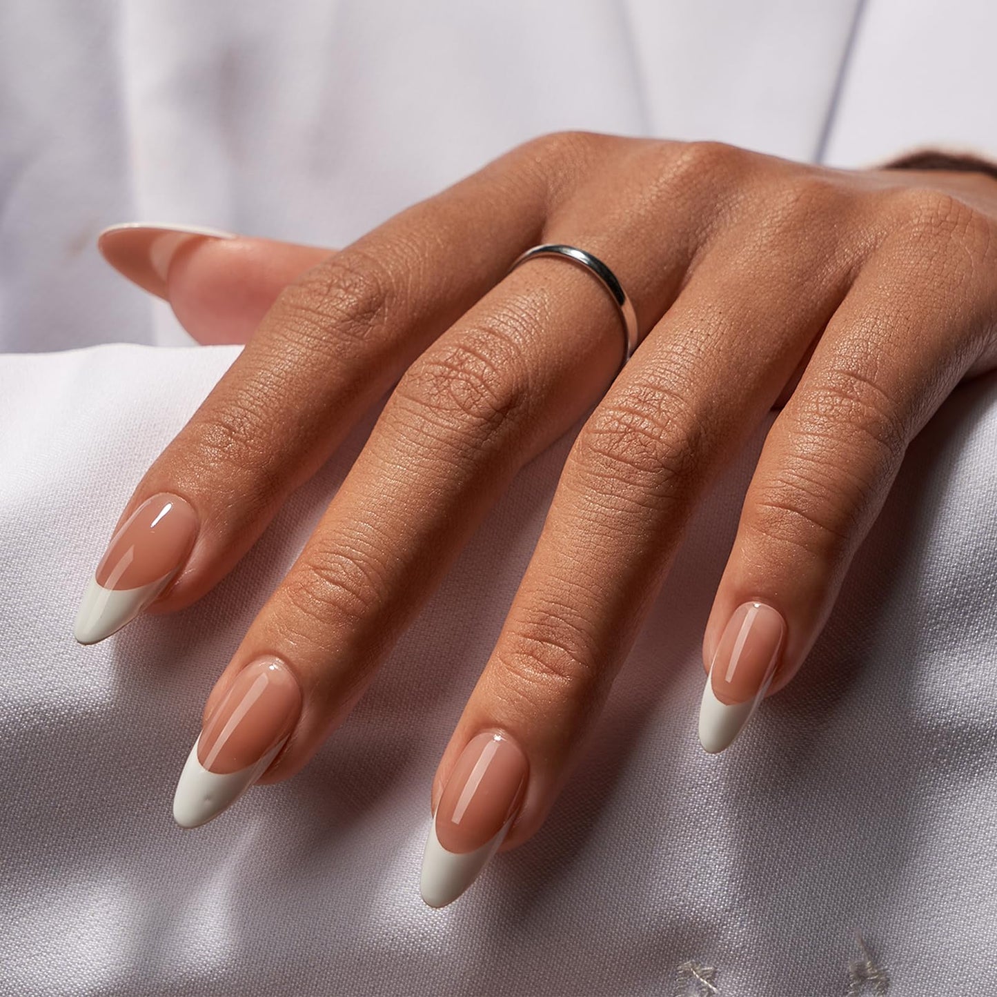 BTArtbox French Tip Press On Nails - Medium Press On Nails Almond, Natural Fake Nail with Nail Glue, Brown Glue On Nails in 16 Sizes - 32 Fake Nails Kit, Capable