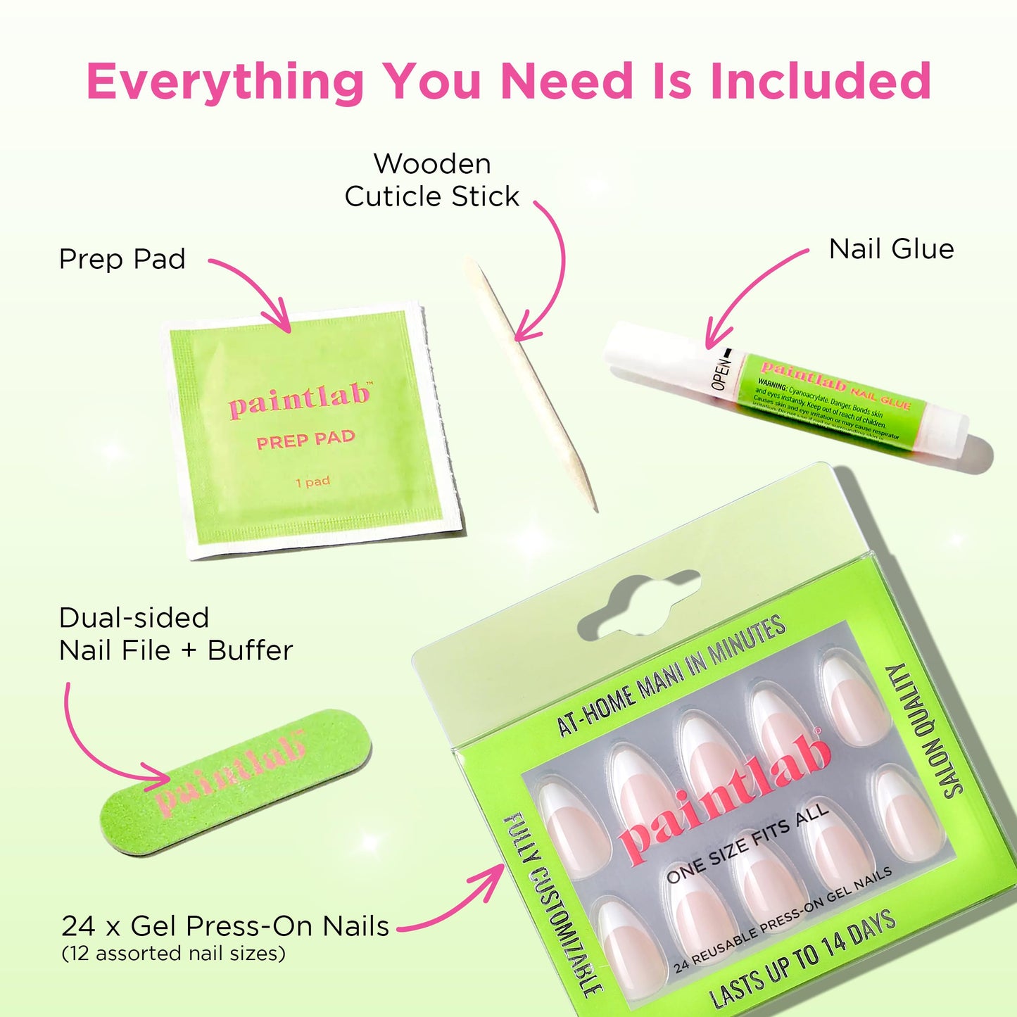 PaintLab Press On Nails - Tres Jolie Short Almond Fake Nails, French Tip, 30 Nails in 15 Sizes with Glue, Reusable Salon Quality Press On Nails