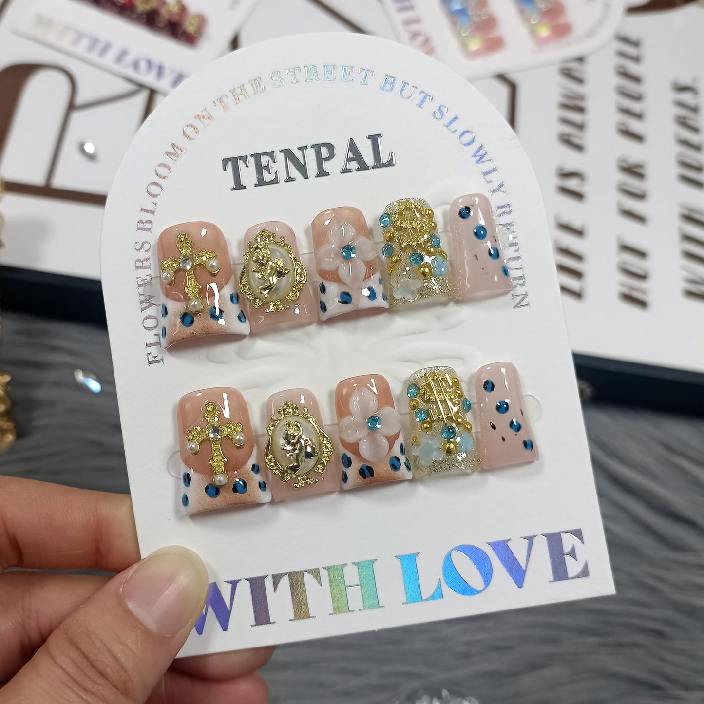 TENPAL Short Duckbill Press on Nails - Orange Leopard French with 3D Cross & Coin Charms | Icy Glitter Fake Nails Kit with Tools | Orange Crush Style for Women Girls Gifts(S)