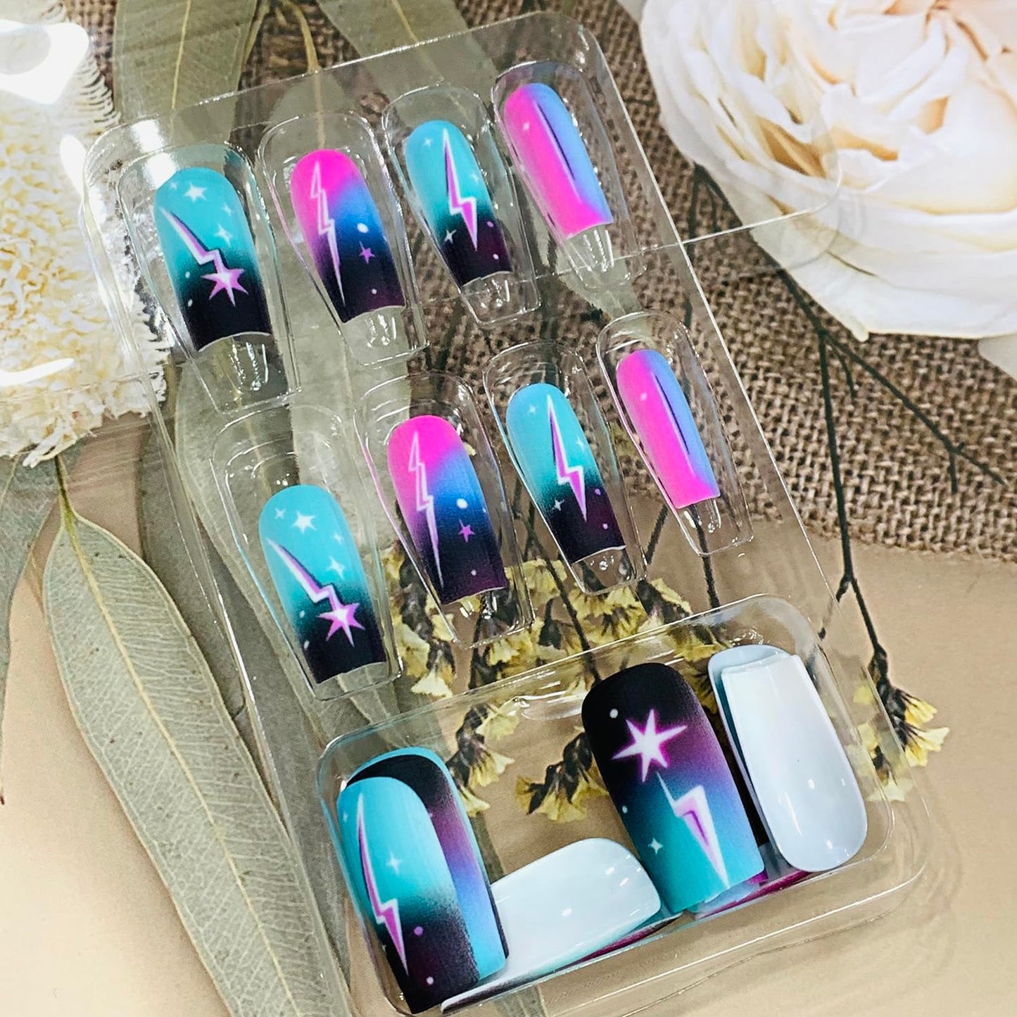 FIEONCIY Press on Nails Square Shaped Glossy Full Cover Acrylic Medium Length Square False Nails with Designs Artificial Short Coffin Fake Nails with Charms Glue ons Fingernails for Women Girls(Y471)