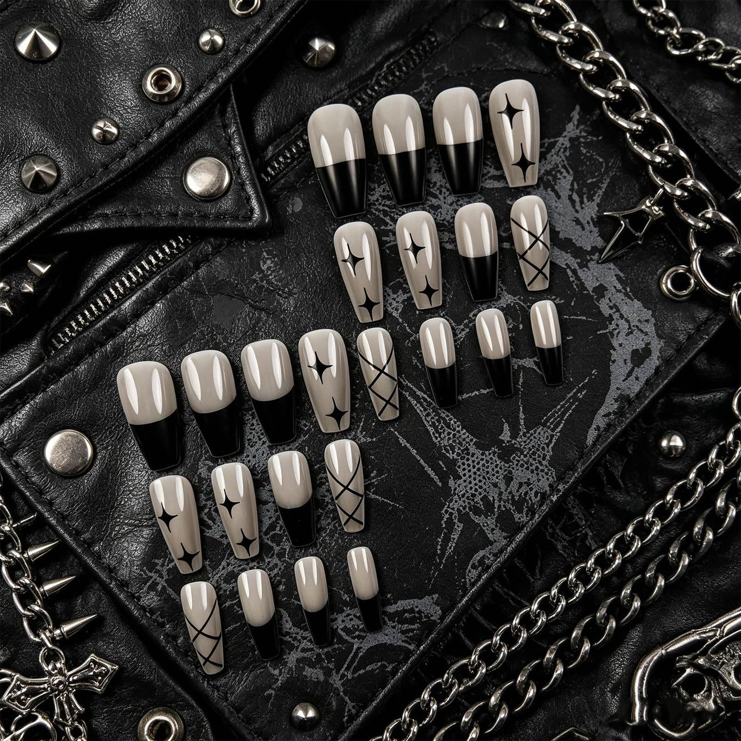 Grunge Star Press on Nails Glossy Gray Fake Nails Black French Tips False Nail Medium Coffin Lattice Pattern Stick on Artificial Fingernails for Daily Wear