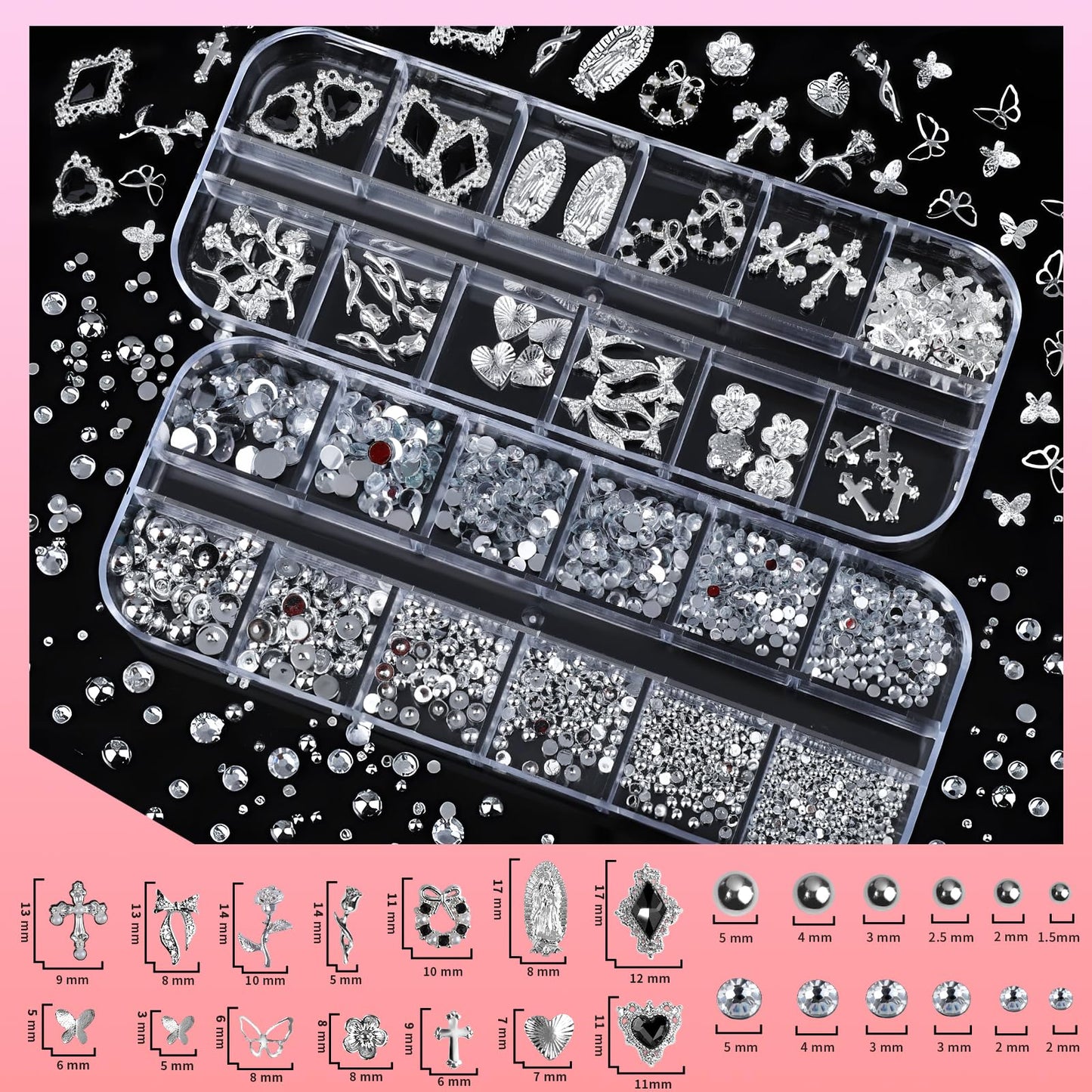 Teenitor Silver Nail Charms and Gems Kit, 4 Boxes Nail Gems Silver Rhinestones for Nails, 3D Y2K Accessories Nail Decor, Cross Charms for Nails Design Star, Caviar Beads for Nails Art
