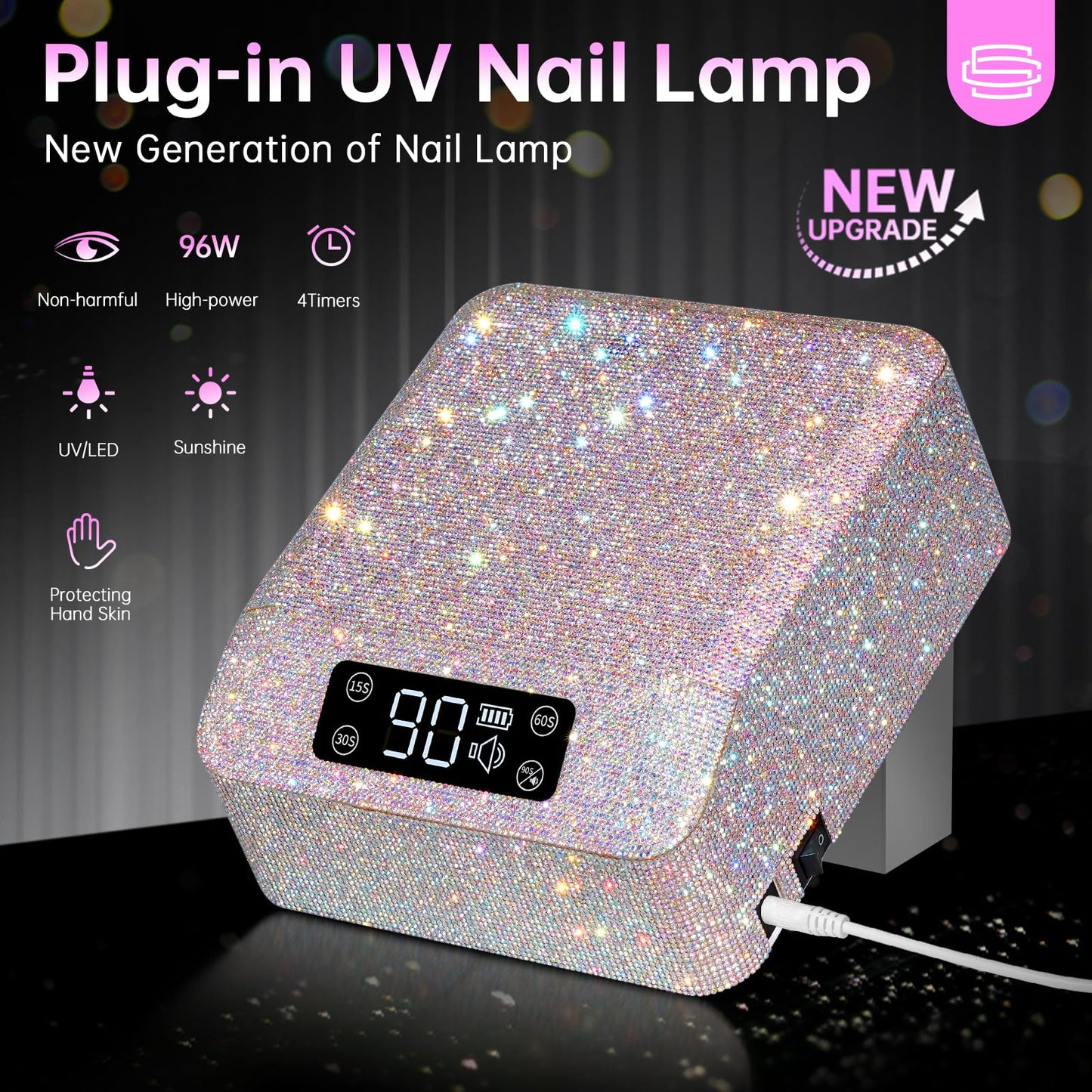 CHRISTINE SHELLY UV LED Nail Lamp 96W Plug-in Nail Dryer Sparkly Gel Polish Light 4 Timer Setting Professional Quick Dry Curing Lamp with Display Auto Sensor for Salon & Home