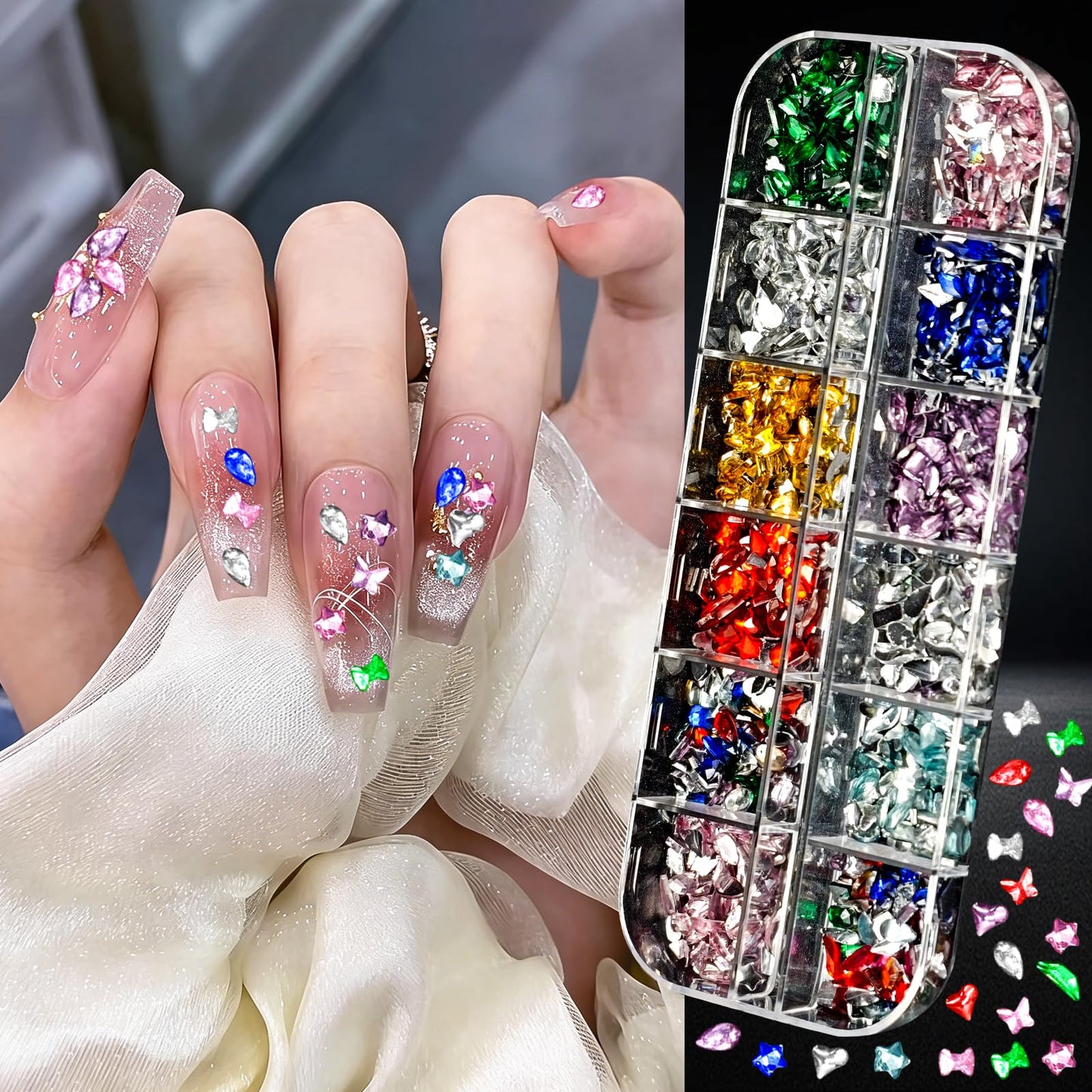 8 Boxes Nail Charms and Gems, White Pearl, Gold/Silver Sea Theme,3D Aurora Flower/Bow, Flatback Nail Gems, Rhinestones and Charms for Nail Art Kit, Various Shapes Nail Rhinestones, Nail Accessories