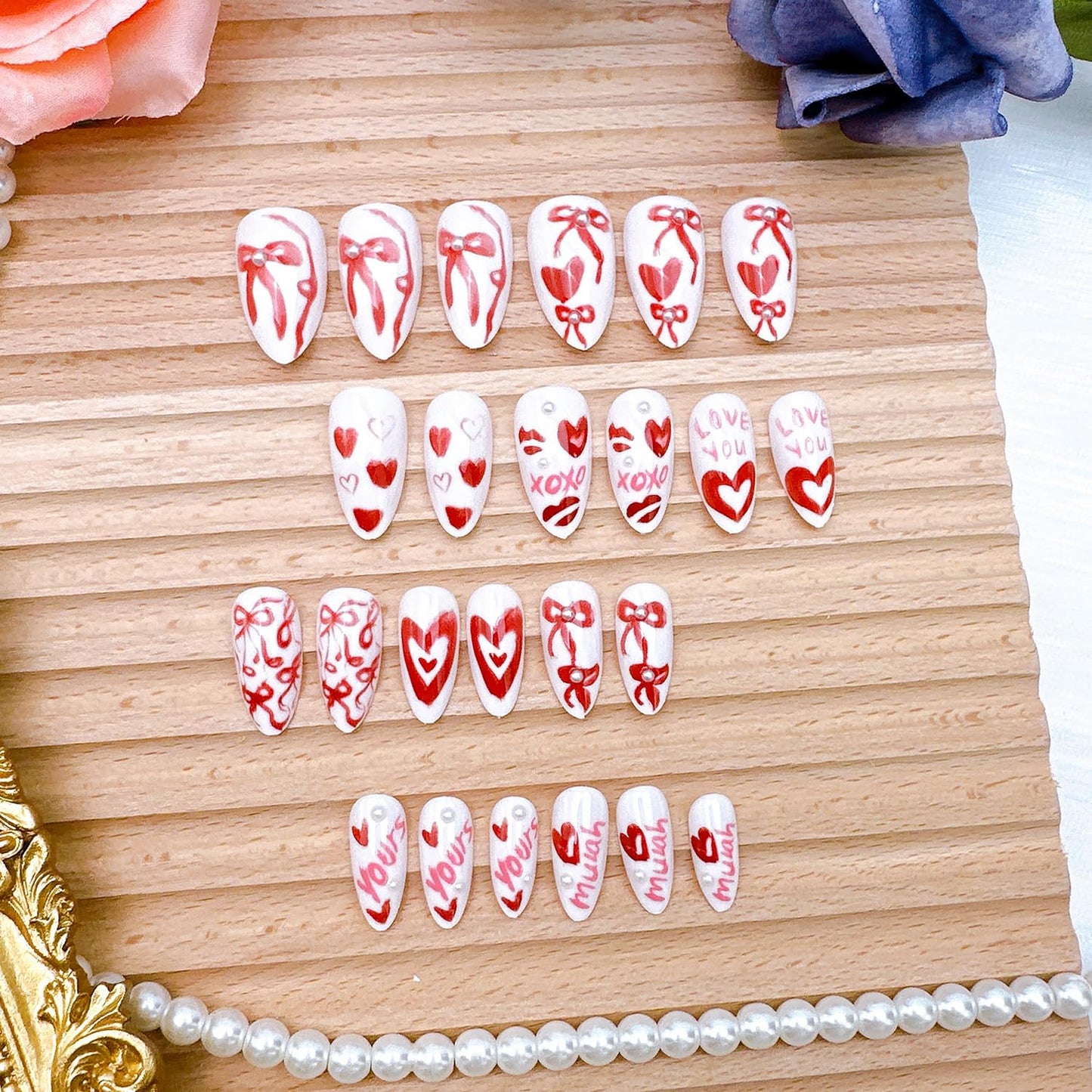 24Pcs Valentines Press on Nails Medium Almond Fake Nails with Pearl Love Heart False Nails Romantic Bow Acrylic Nail Kit Valentine Red Lips Full Cover Stick on Nails for Women Nail Design Supplies