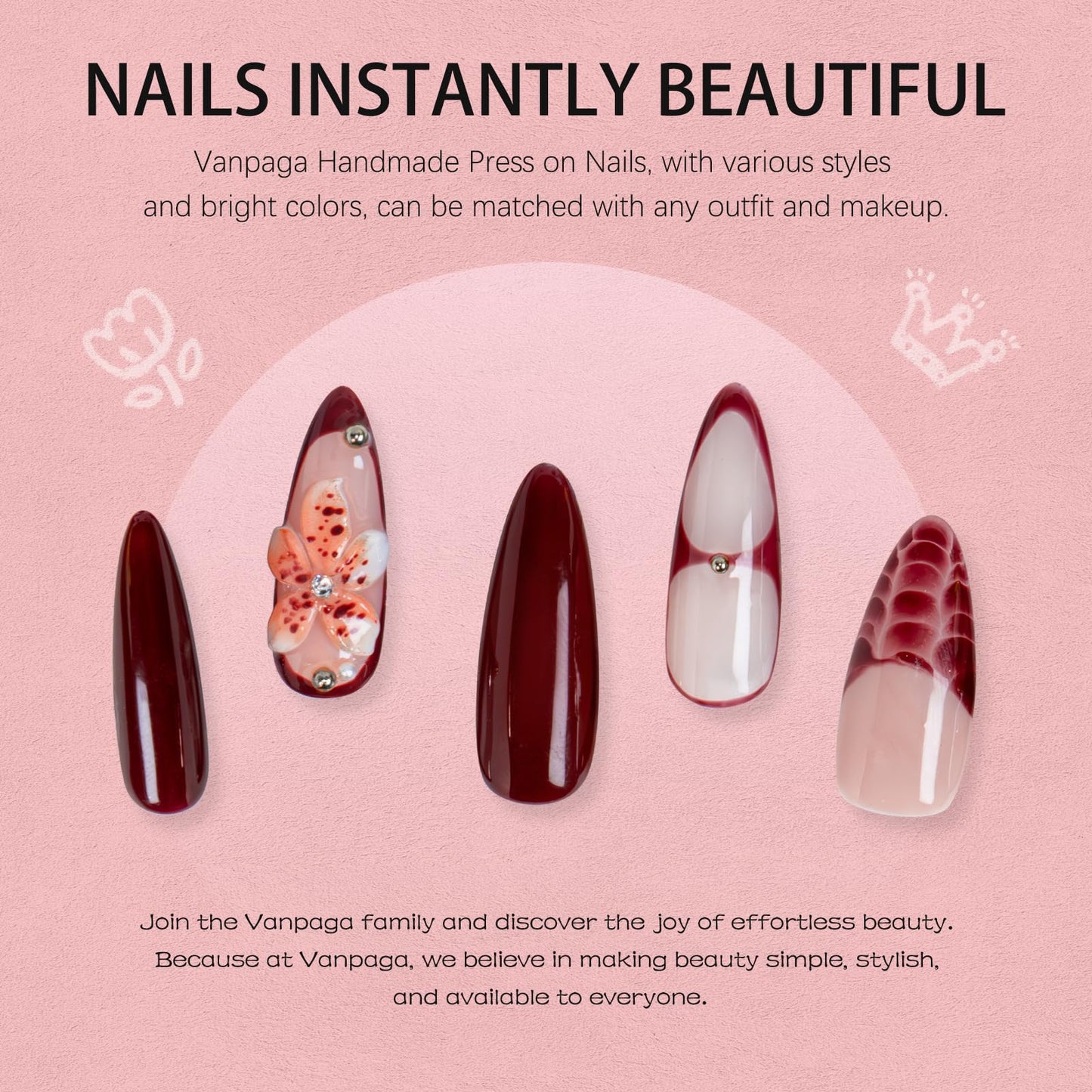 Vanpaga Handmade Long Stiletto Press on Nails Burgundy Glossy with 3D Floral Accents, Elegant Gel Fake Nails Reusable Stick on Nails for Women (Size L)