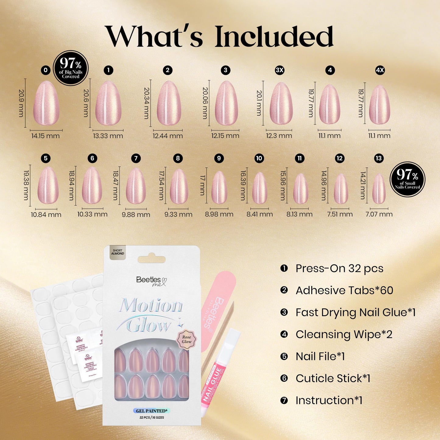 Beetles Motion Glow Cat Eye Press On, Short Almond Press On Nails Kit with Fast-Dry Nail Glue & Adhesive Tabs, 32pcs 16 Sizes, Girls Stick On Nails for Women Rose Glow