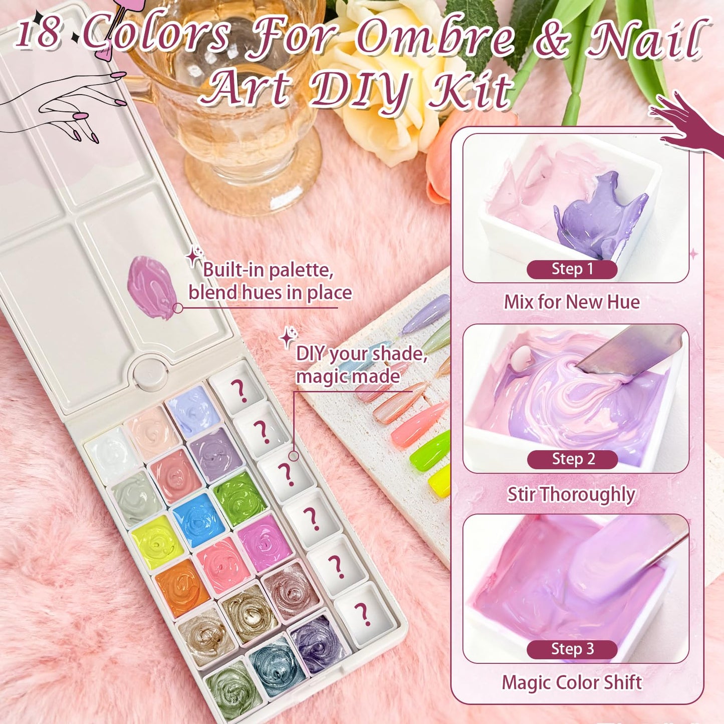 GJYUQHUA 18 Colors Patting Gel Polish & Tools Kit - Pat Pat Gel Polish Palette for Ombre Nails Art，UV/LED Cured Gradient Blooming Manicure Kit DIY with Nail Sponges & Tools