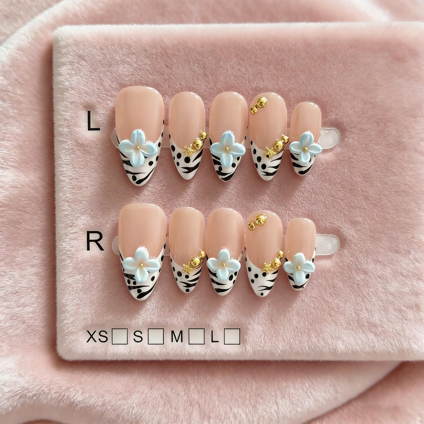 Handmade Press on Nails Almond French Tips with 3D Blue Flowers, Gold Charms and Zebra Print, Glossy Finish 10 Count M Size