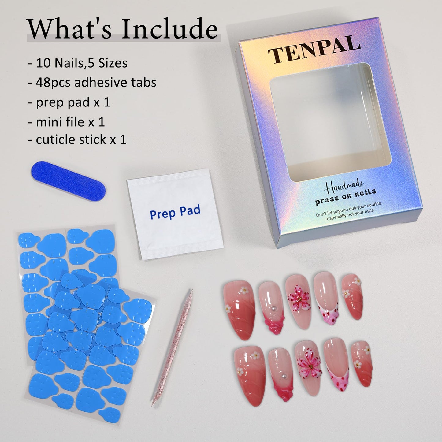 TENPAL Almond Press on Nails - Pink French Ombre & 3D Texture with Polka Dot & Wave Carving, Reusable & Handmade False Nails for Spring Summer | Sweet Watercolor Style(XS)