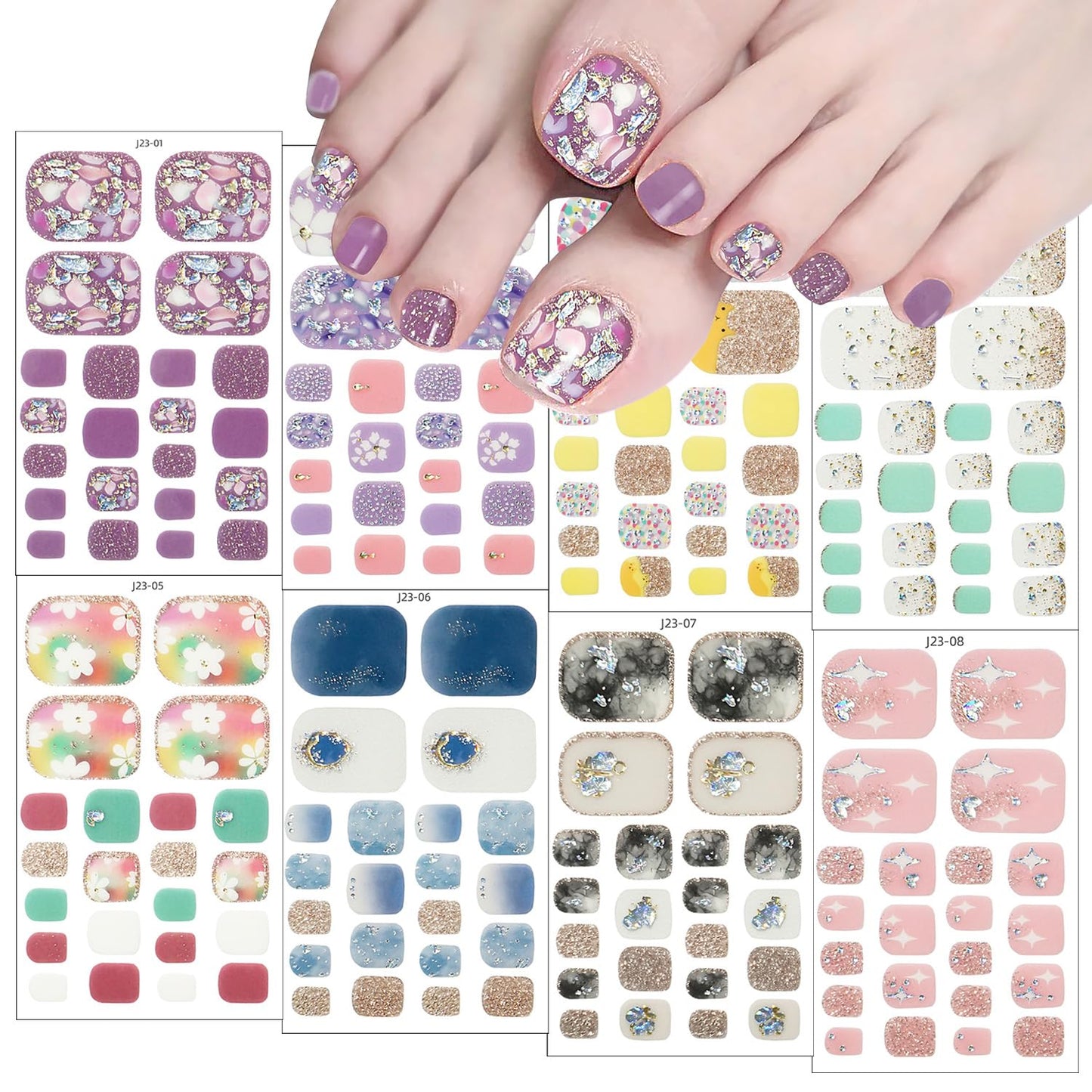 8 Sheets Toe Nail Wraps French Toenail Nail Polish Strips Decals Colorful Sparkly Full Toe Nail Wraps Toenails Nail Stickers Glitter Toe Nail Stickers Self Adhesive Design for Women Girl DIY Manicure