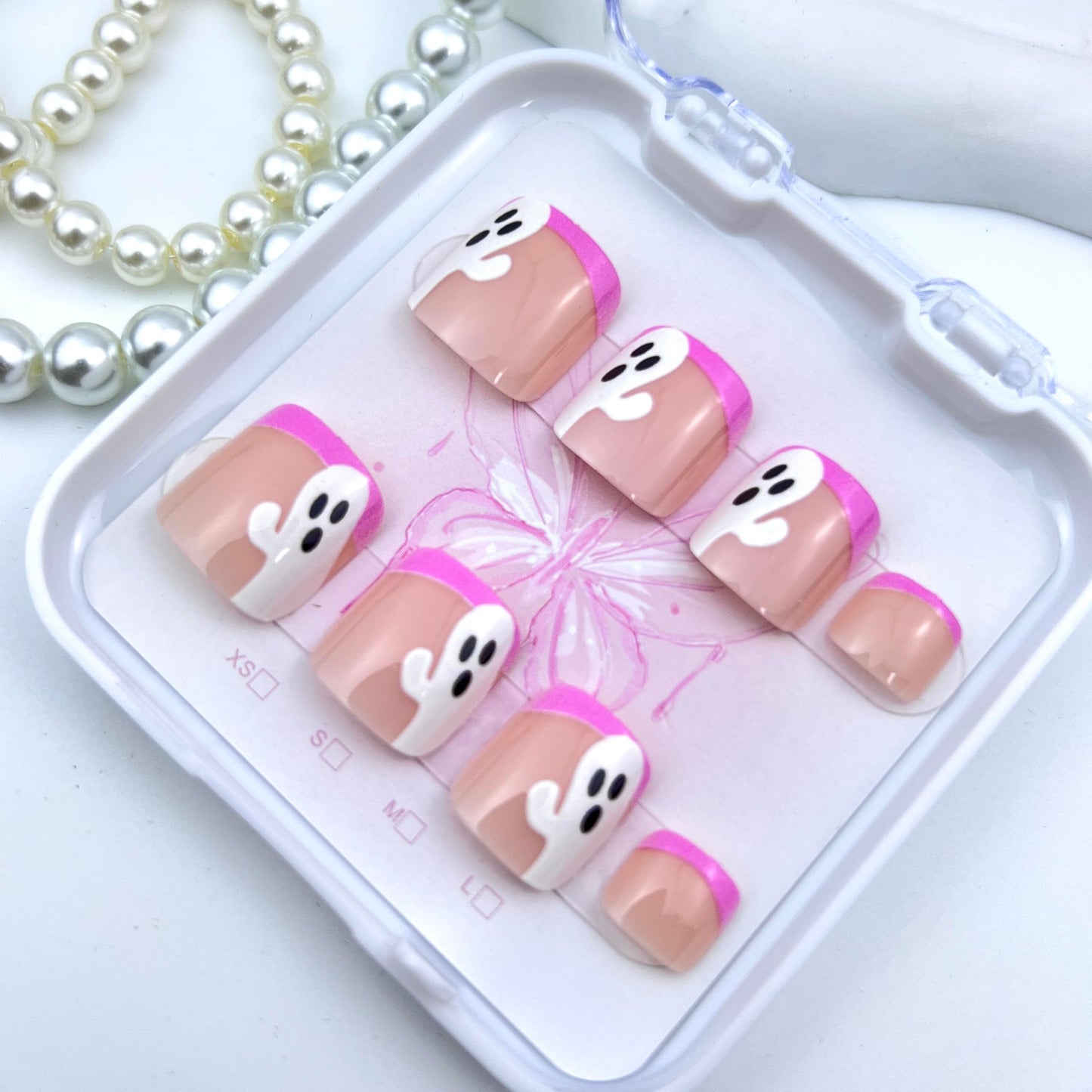 Halloween Pink French Press on Toenails Short Square Fake Toenails Cute Ghost False Toenails Pink Halloween Glossy Full Cover Acrylic Glue on Toe Nails s for Women Manicure Decoration 24Pcs