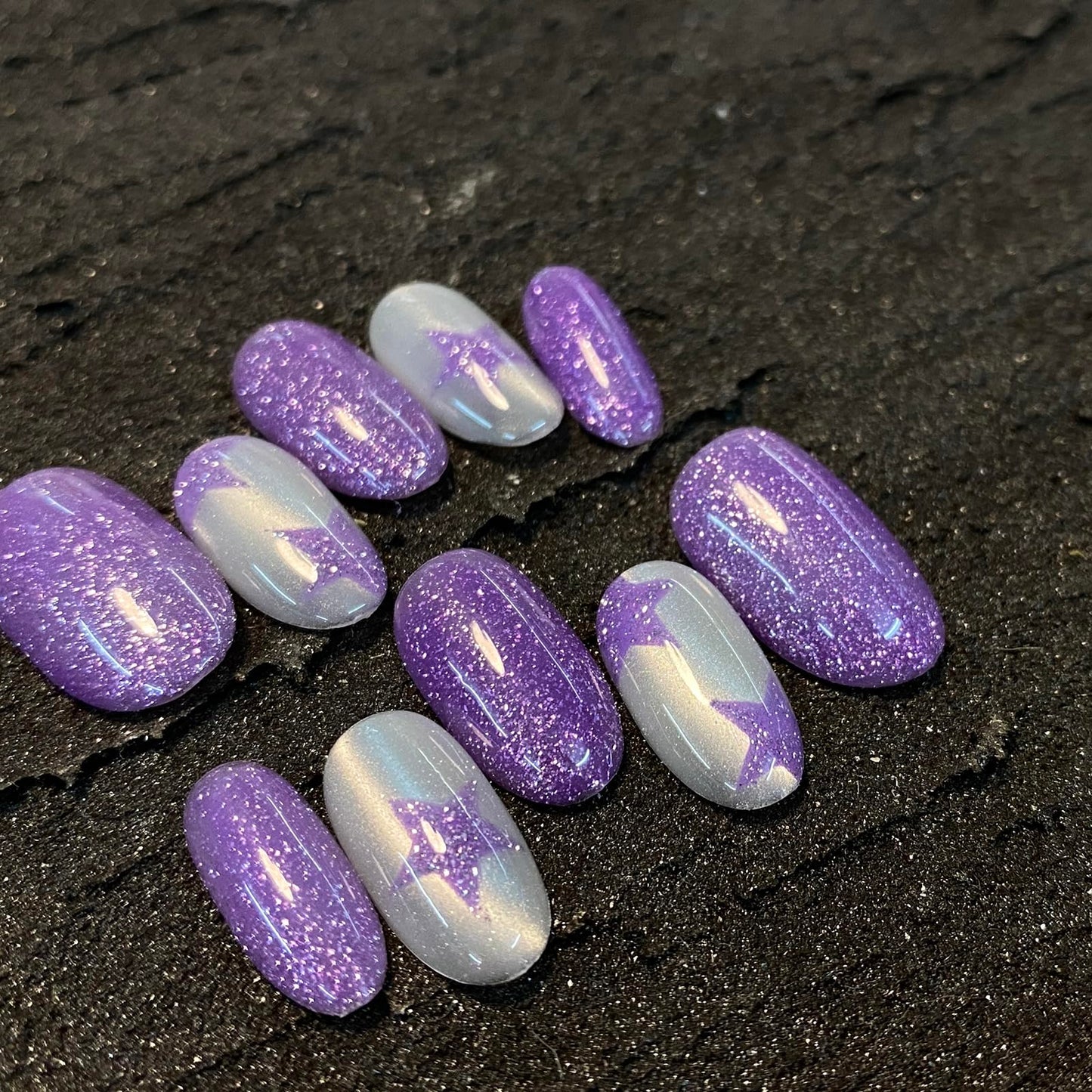 DreamRunNails Handmade Press on Nails, Purple Glitter and Opalescent French Tip, Medium Almond Shape, Reusable Glossy Acrylic Fake Nails for Women, Bridal Wedding Daily Wear