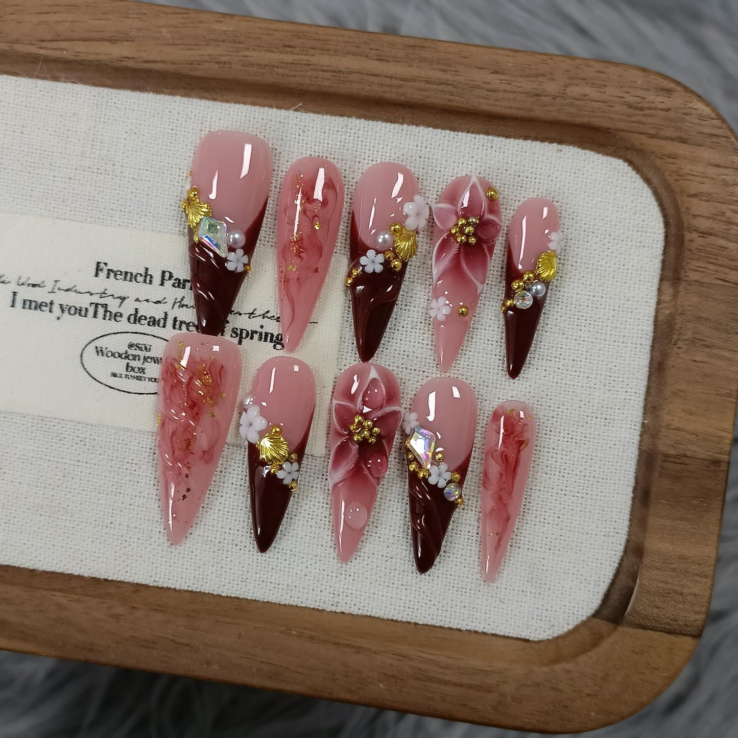 TENPAL Handmade Press on Nails Long Stiletto - Burgundy French Tips 3D Floral Embossed Glossy False Nails for Women Girls Fall Winter- Glossy Acrylic Y2K Nails for Parties Date Daily Wear(L)