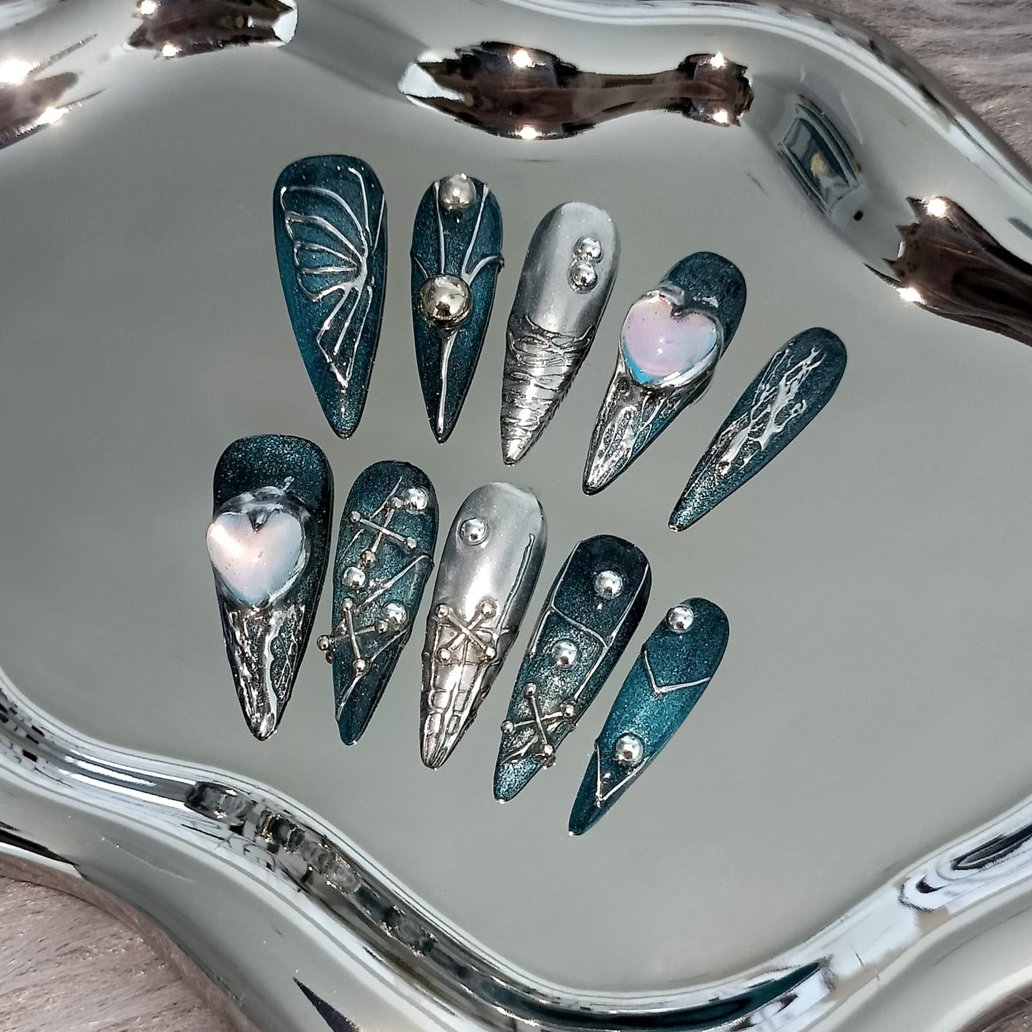 TENPAL Handmade Press on Nails Long Stiletto,Galaxy Ombre Blue-Black Fake Nails with 3D Butterflies Cross Beads Gem Stones,Edgy Y2K Metal Embossed Meteor Glitter Design Salon False Nail Kit 10pcs(M)