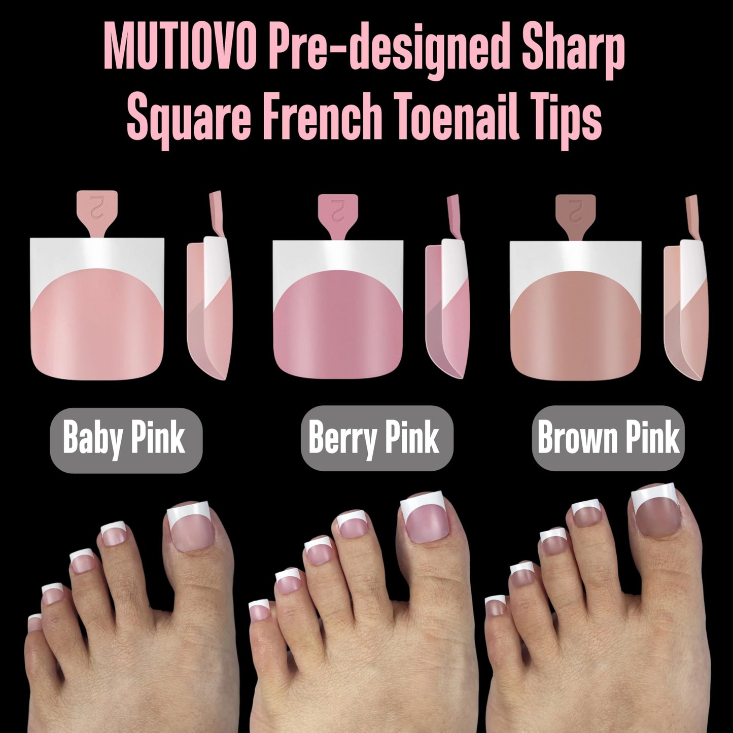 MUTIOVO French Tip Toe Nail Tips Press on, Sharp Square Pre-Designed Soft Gel False Toenail Extension, BROWN PINK Pre-applied Tip Primer & Base Coat, Full Cover Acrylic for DIY x 15 Sizes 240 pcs
