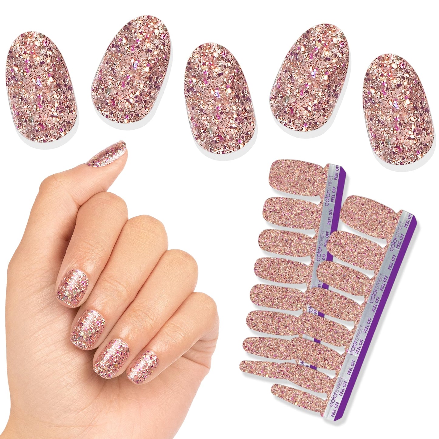 Color Street Tokyo Lights Nail Strips - Glitter Finish with Pink Gold Fuchsia & Holographic Sparkle - 16 Double-Ended Nail Polish Strips for Easy Application -Ideal for a Night Out or Special Occasion