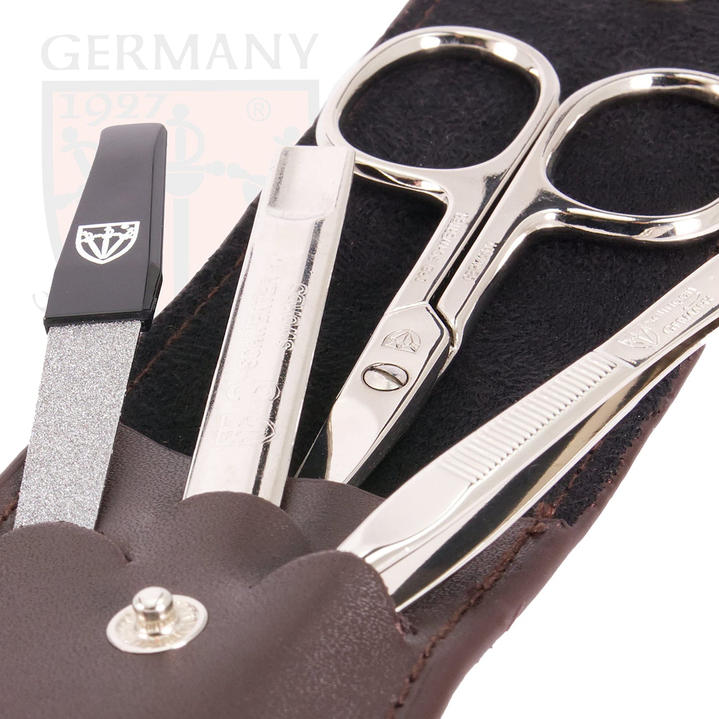 3 Swords Germany - brand quality 3 piece manicure pedicure grooming kit set for professional finger & toe nail care scissors tool genuine leather case in gift box, Made in Solingen Germany