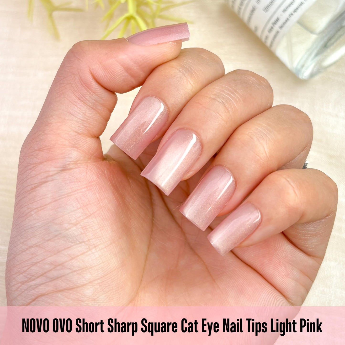 NOVO OVO Short Square Nail Tips 150Pcs Cat Eye, Light Pink Sharp Square Gel X Nail Tips, Glossy Finished with Top Coat, Full Cover Fake Nails No C Curve for Home DIY Typing Scenario, 15 Sizes