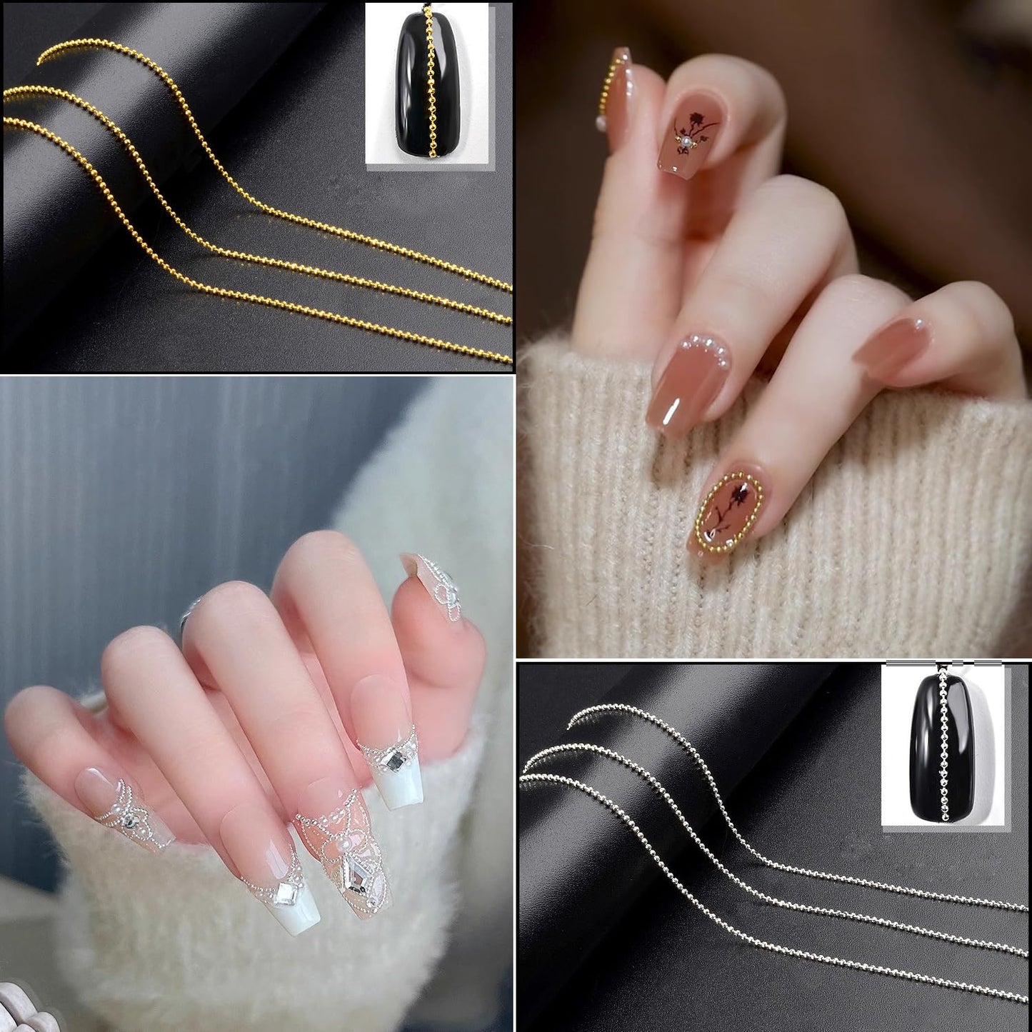 JERCLITY 9 Strips 19.7in Gold Silver Nail Chains for Nail Art 3D Gold Silver Nail Charms Metal Nail Art Chains Punk Nail Charms Accessories for Women Nail Art