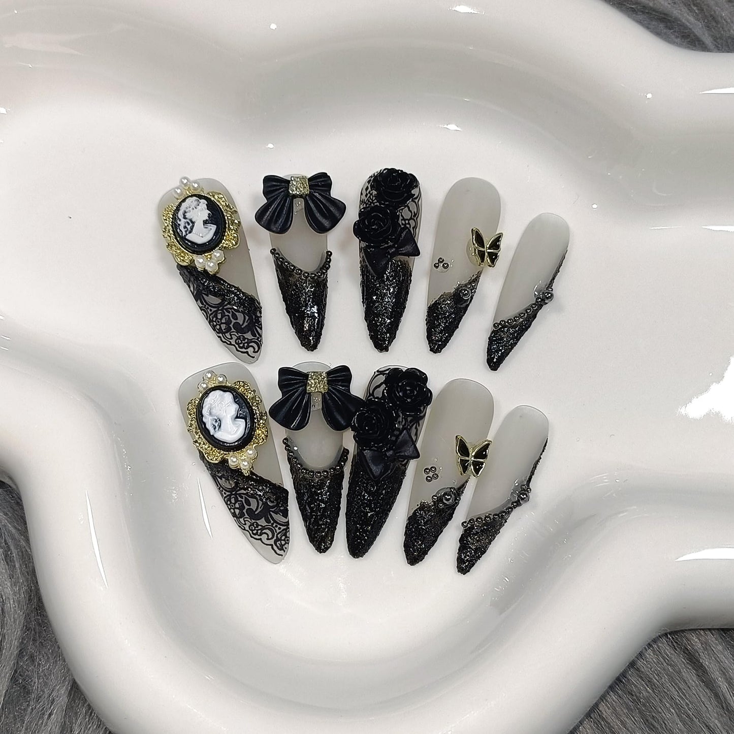 TENPAL 10Pcs Gothic Press On Nails Long Stiletto,Baroque Cameo & Floral Lace French Tip Glue on Nails with 3D Charms,Victorian Gothic Nails w/Tools,Glossy Dark Romantic Fake Nails for Party Event(XS)