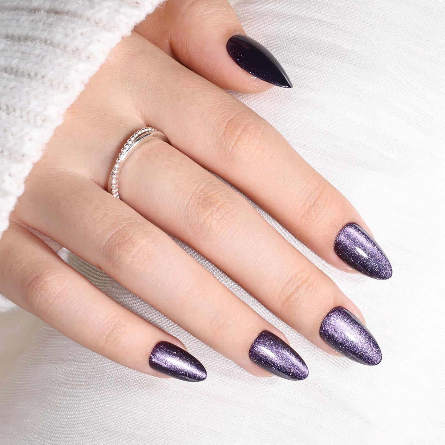 Purple Cat Eye Press On Nails Almond - Purple Short Almond Fake Nails, Short Cateye Press On Nails Reusable Stick On Nails in 16 Sizes, 32pcs False Nail Kit for Women & Girls(Violet Nocturne)