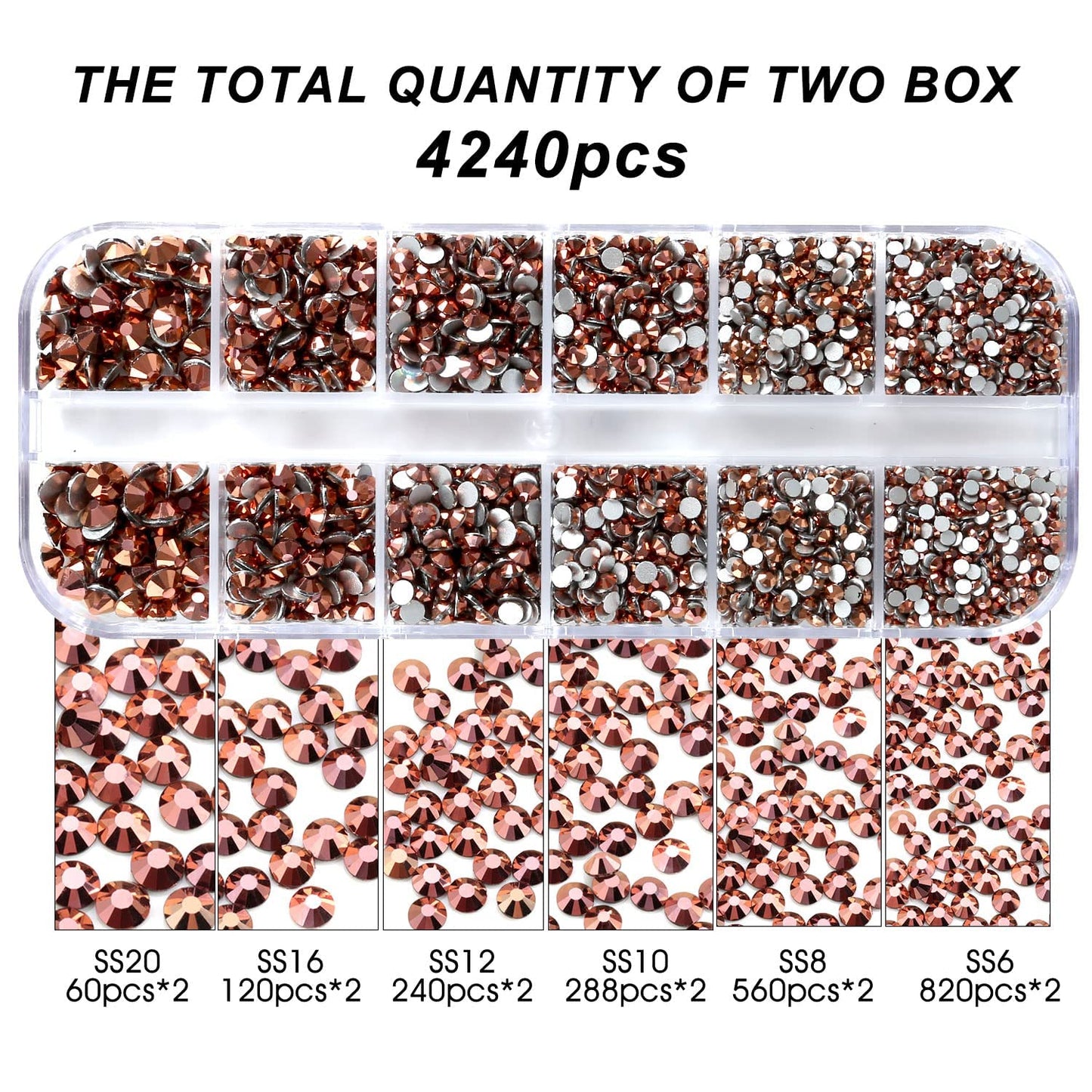 Meibite Rose Gold Glass Flatback Rhinestones for Nails, Crafts & Clothes – 4240PCS 6 Sizes (SS6–SS20) Crystal Gems Kit with Tweezers & Picker, Non Hotfix DIY Rhinestones for Tumblers, Shoes, Nail Art