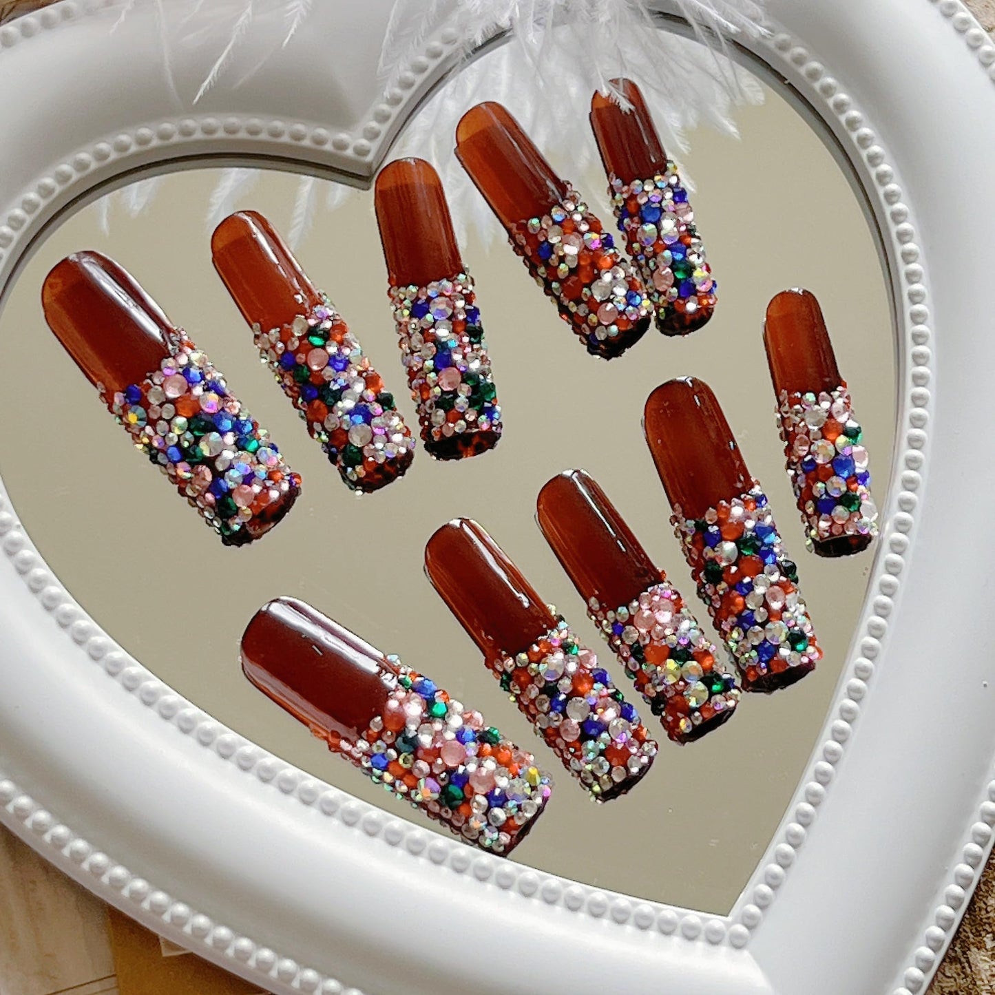 NAIL ANGEL 10PCS/SET Glamorous Handmade Press on nails Glitter Mixed Rhinestone French Long Coffin Nails Party Nails XXL Long Artifical Tips ZJ-04(S)