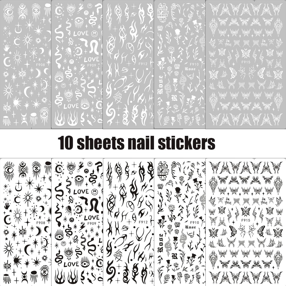 DZPGUONIZ 10 Sheets Black White Nail Art Stickers Snake Nail Decals Star Moon Star Rose Leaf Flame Nail Art Supplies Butterfly Acrylic Nail Supplies 3D Goth Snake Nail Design Stickers DIY Nail Decor