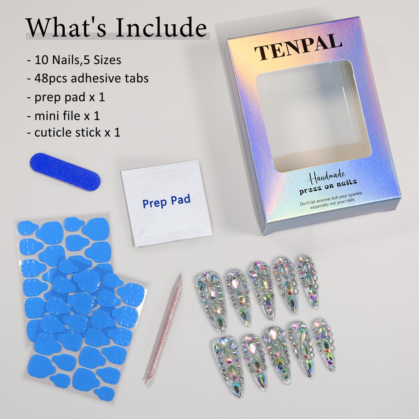 TENPAL 10Pcs Luxury Press On Nails Long Stiletto,Full Cover Crystal Glitter Fake Nail Set with Tools,Reusable Bride Wedding Nails for Bridal Party Bachelorette,Statement Making Glamorous Nail(M)