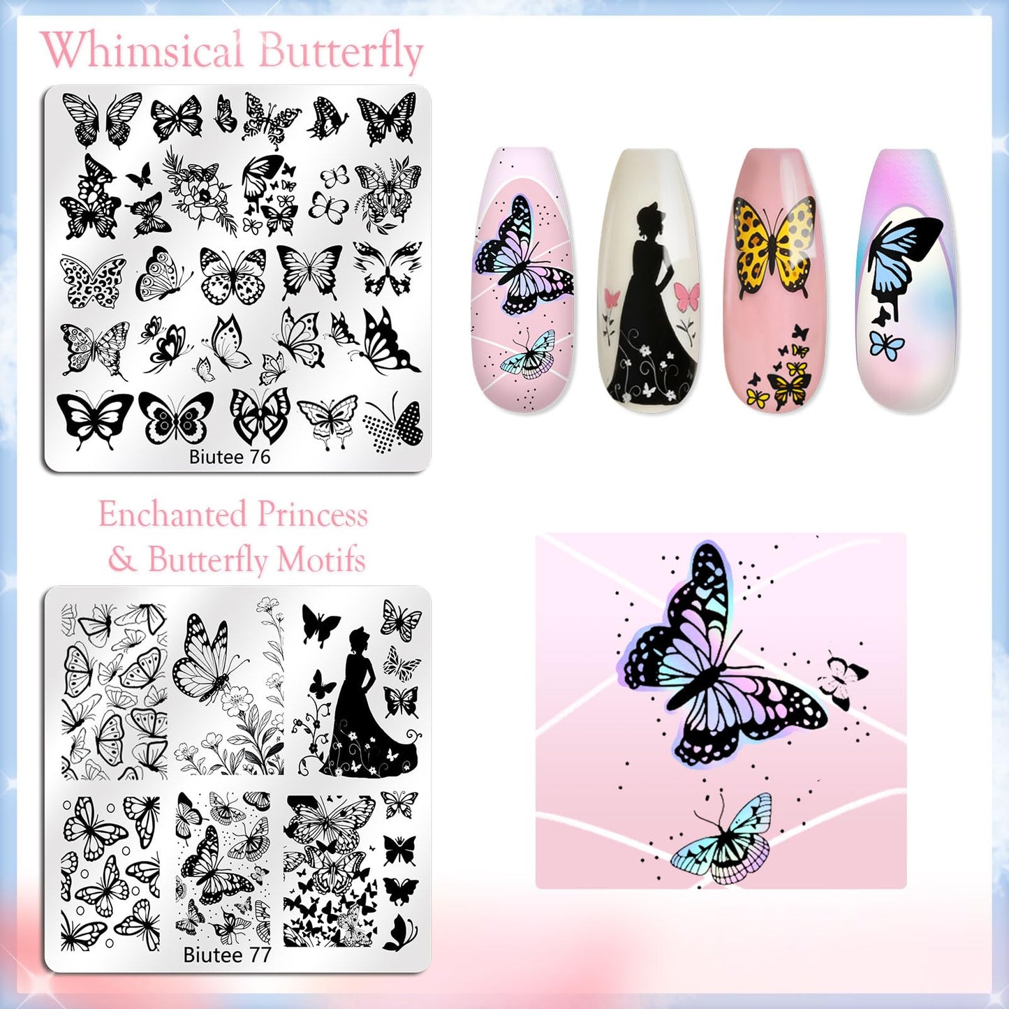 Biutee Nail Stamping Kit, 15 Nail Stamping Plates with Clear Stamper, 2 Scrapers, Storage Bag, Floral Butterfly Leaves Animal Summer DIY Nail Art Kit for Women Beginners