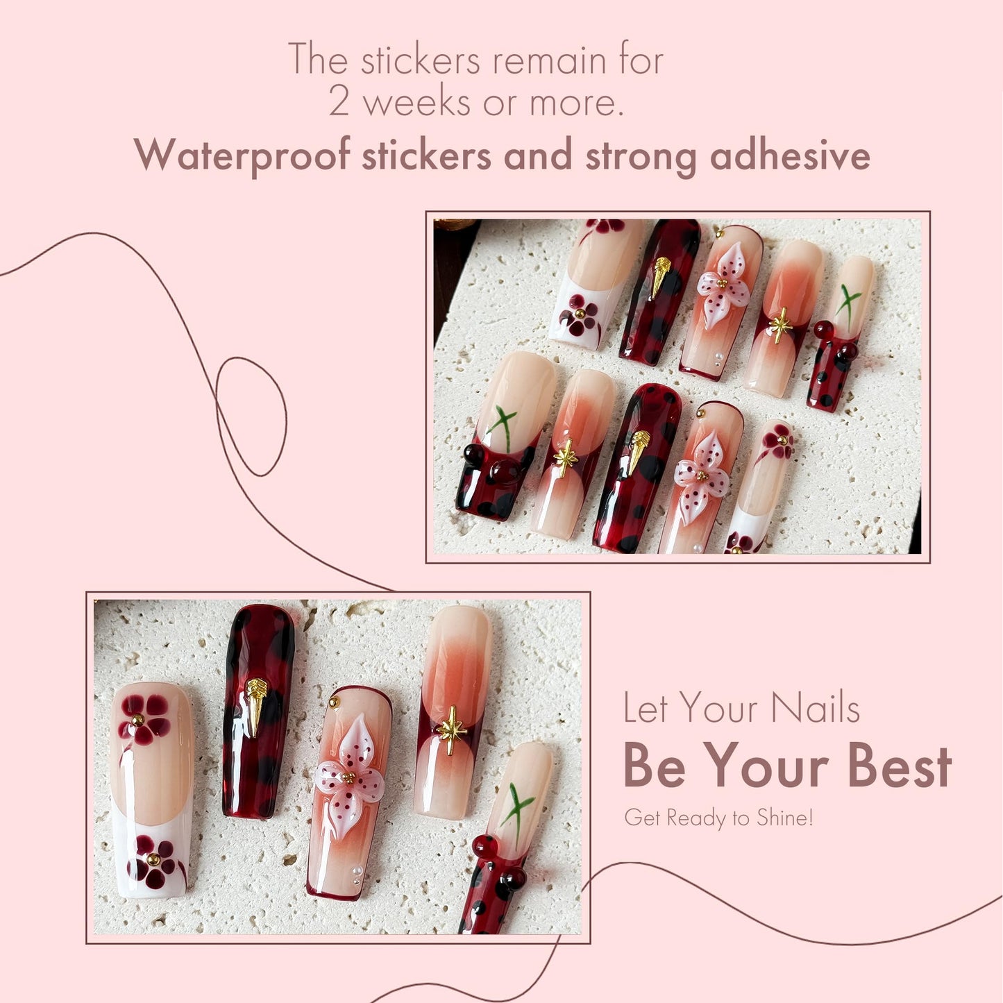 Rouge Sonata 10pcs Press On Nails for Women, Crimson Floral Golden Accent Acrylic UV Gel Wearable Nails, Korean Style Wine Red Gradient Cherry Blossom Fake Nails Set (Dark red, M)