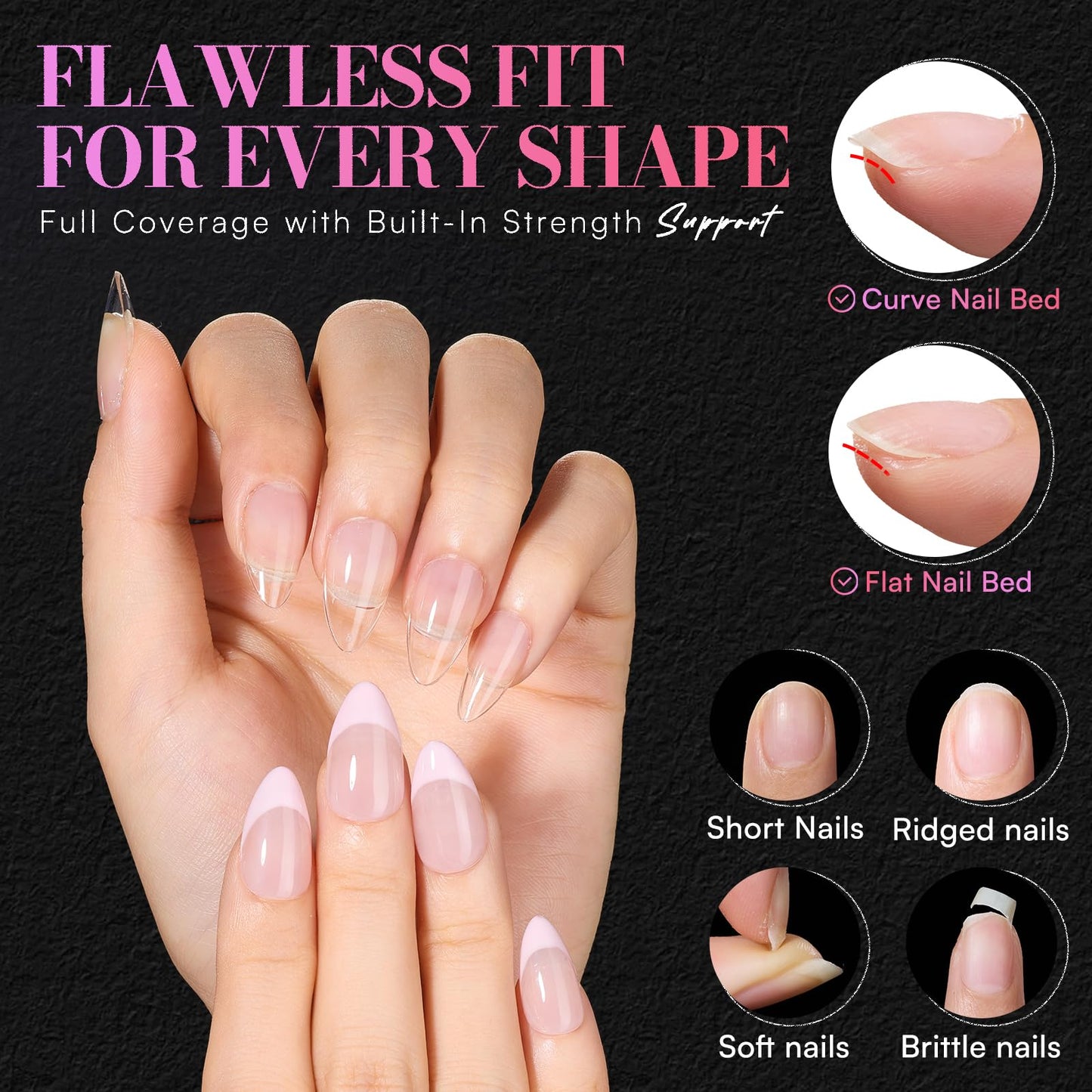 Makartt Short Almond Nail Tips: 240PCS, 15 Sizes, Pre Etched Fake Nails, Clear Gelly Half Matte Full Cover Soft Acrylic Press On Nail Extensions Salon and Home DIY for Flat & Natural Nail Beds
